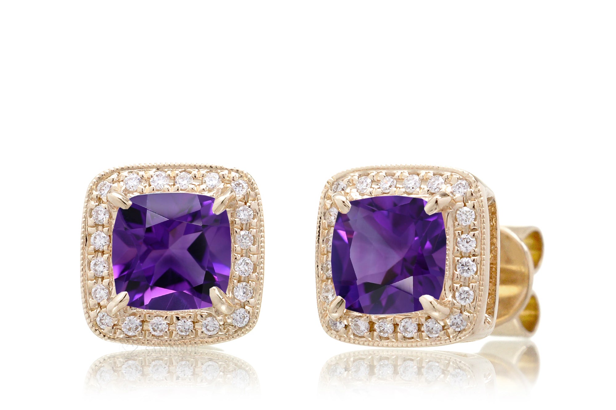 Amethyst Studs Cushion Diamond Halo