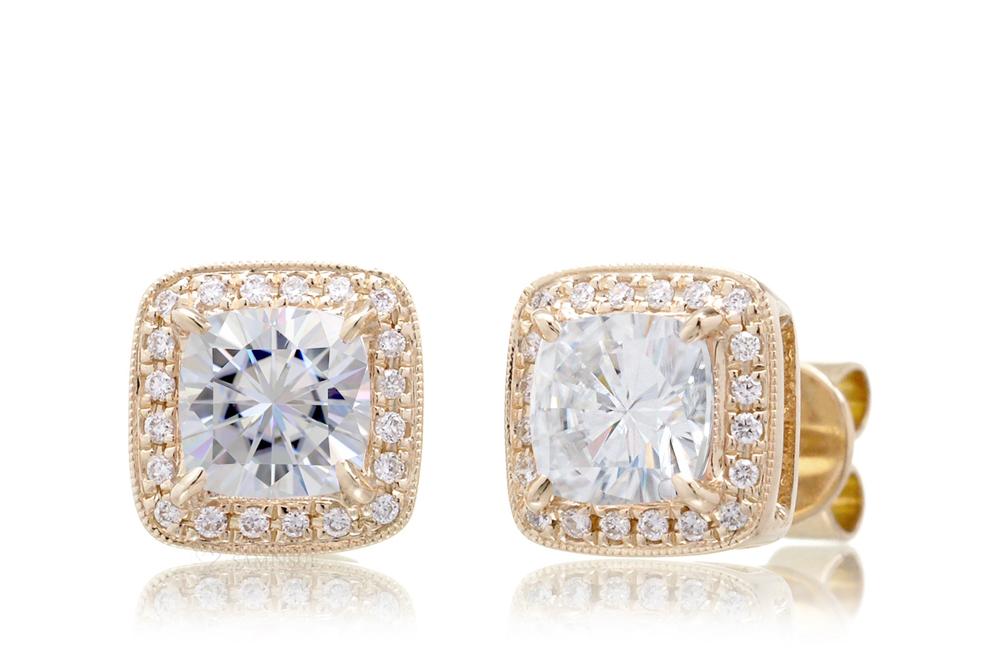 Cushion Moissanite Stud Earrings With Diamond Halo Yellow Gold