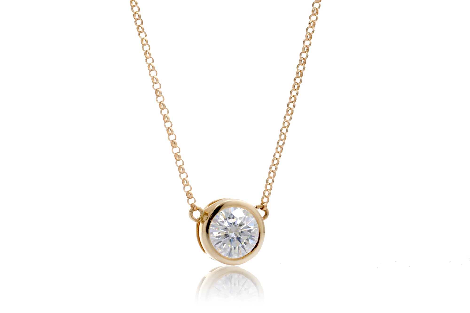 Solitaire bezel round moissanite pendant necklace 6.5mm in yellow gold
