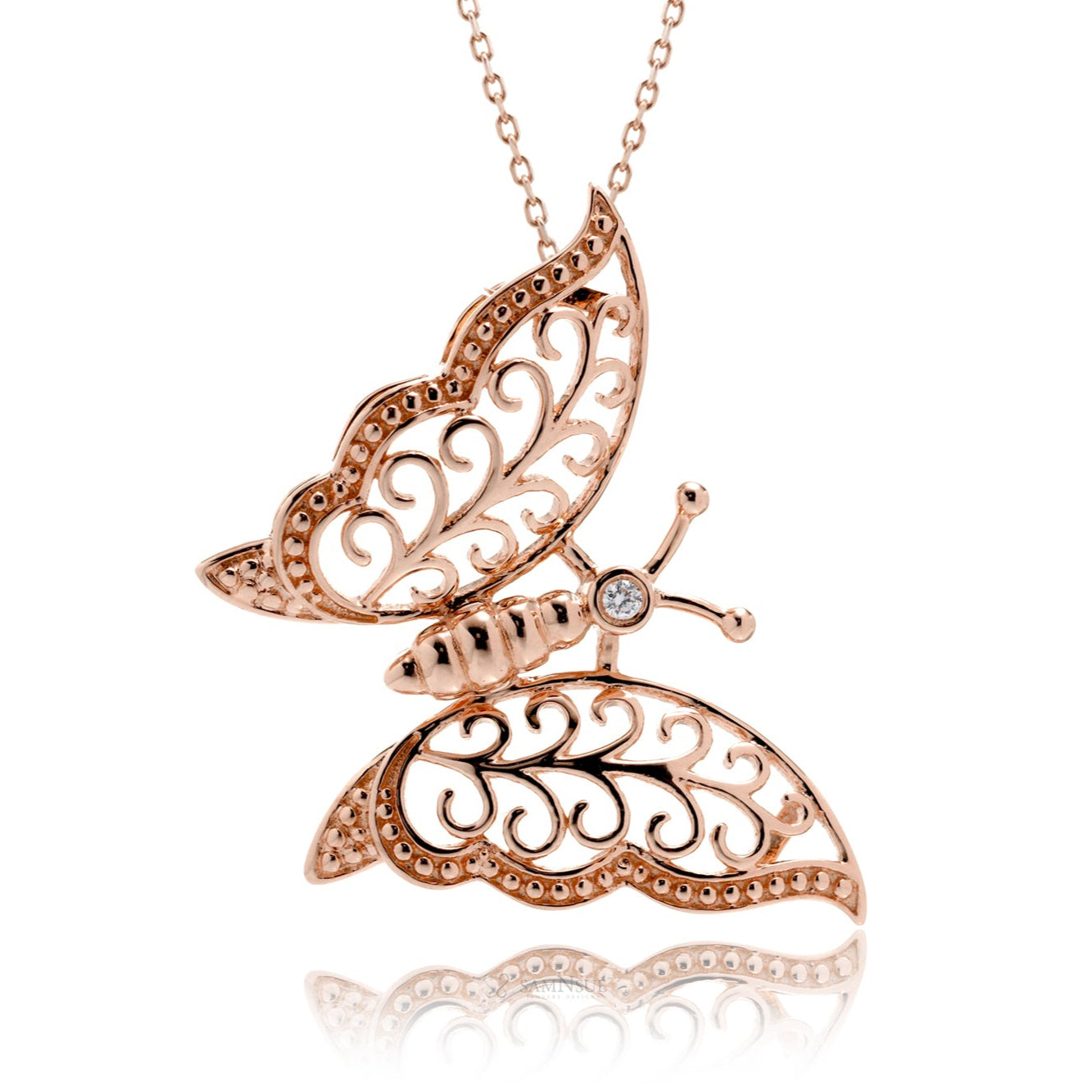 Delicate Butterfly Pendant in 14K Gold – Filigree Wings with Diamond Detail
