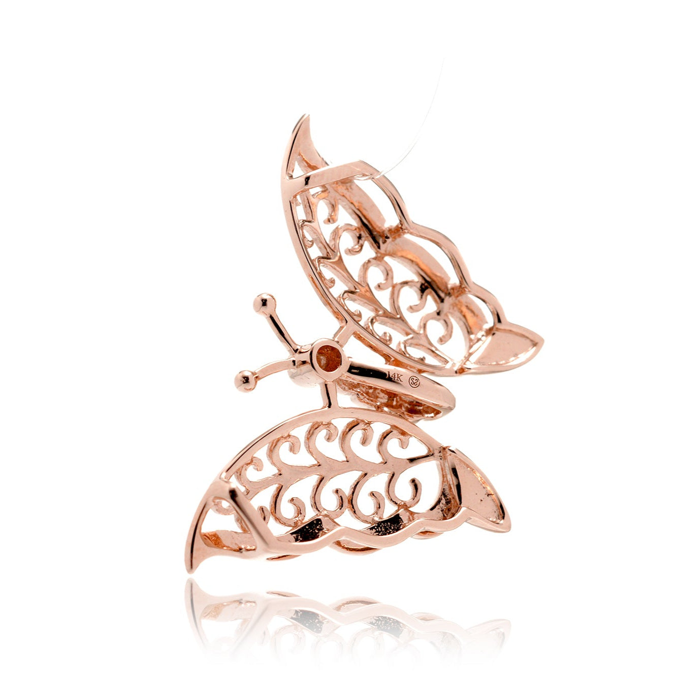 Delicate Butterfly Pendant in 14K Gold – Filigree Wings with Diamond Detail