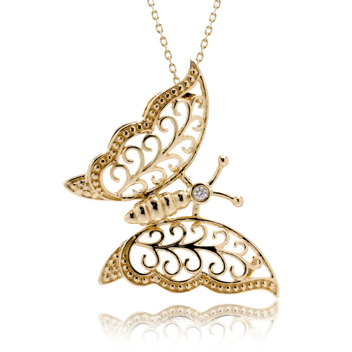Filigree Butterfly Necklace in Rose, Yellow, or White Gold – Timeless Elegance