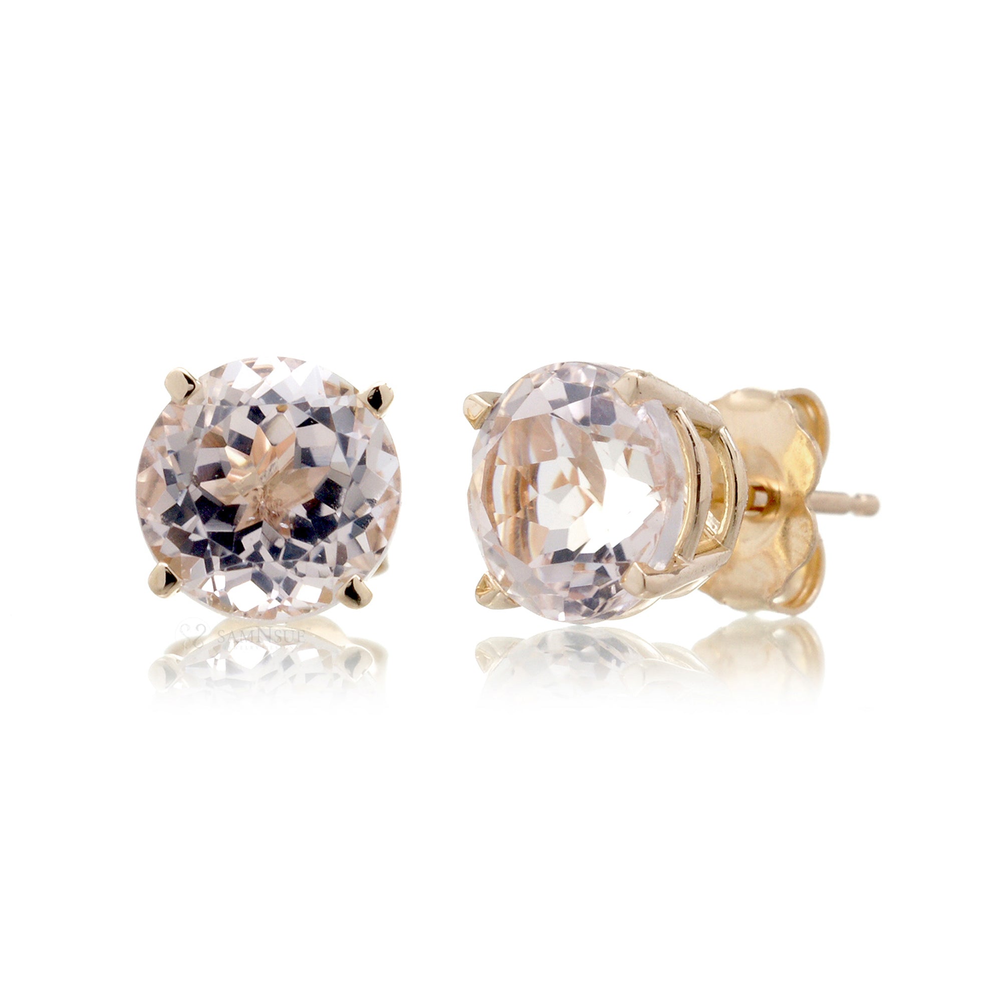 Round Morganite Stud Earrings 7mm Yellow Gold