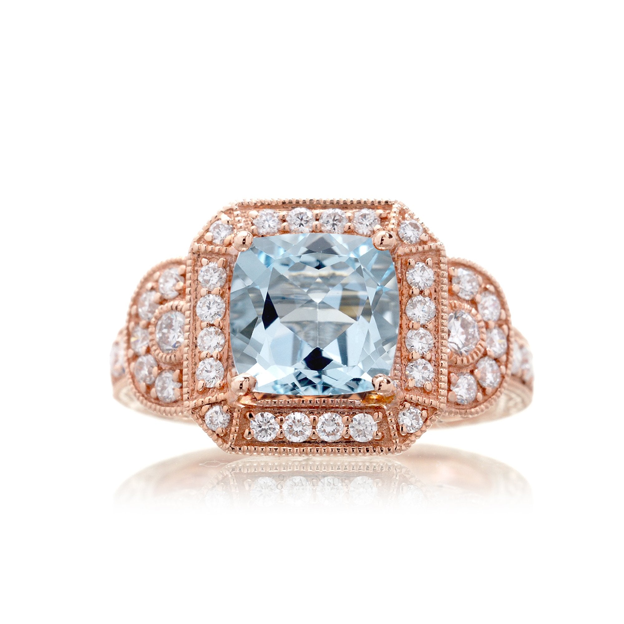 Cushion cut aquamarine vintage antique style three stone diamond halo ring rose gold