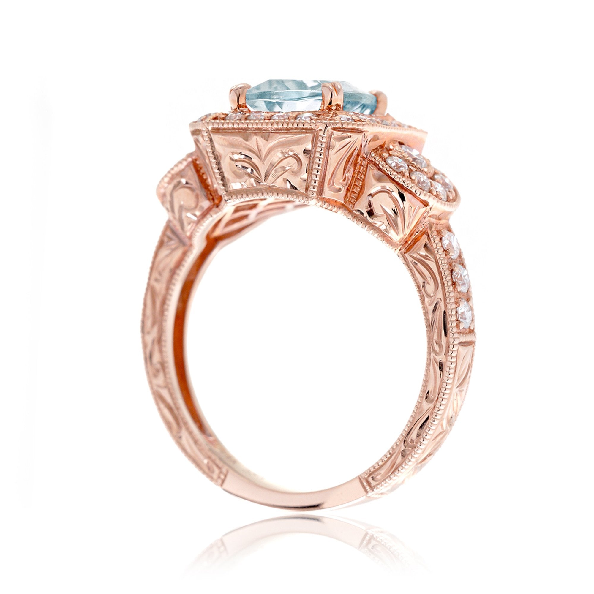 Cushion cut aquamarine vintage antique style three stone diamond halo ring rose gold
