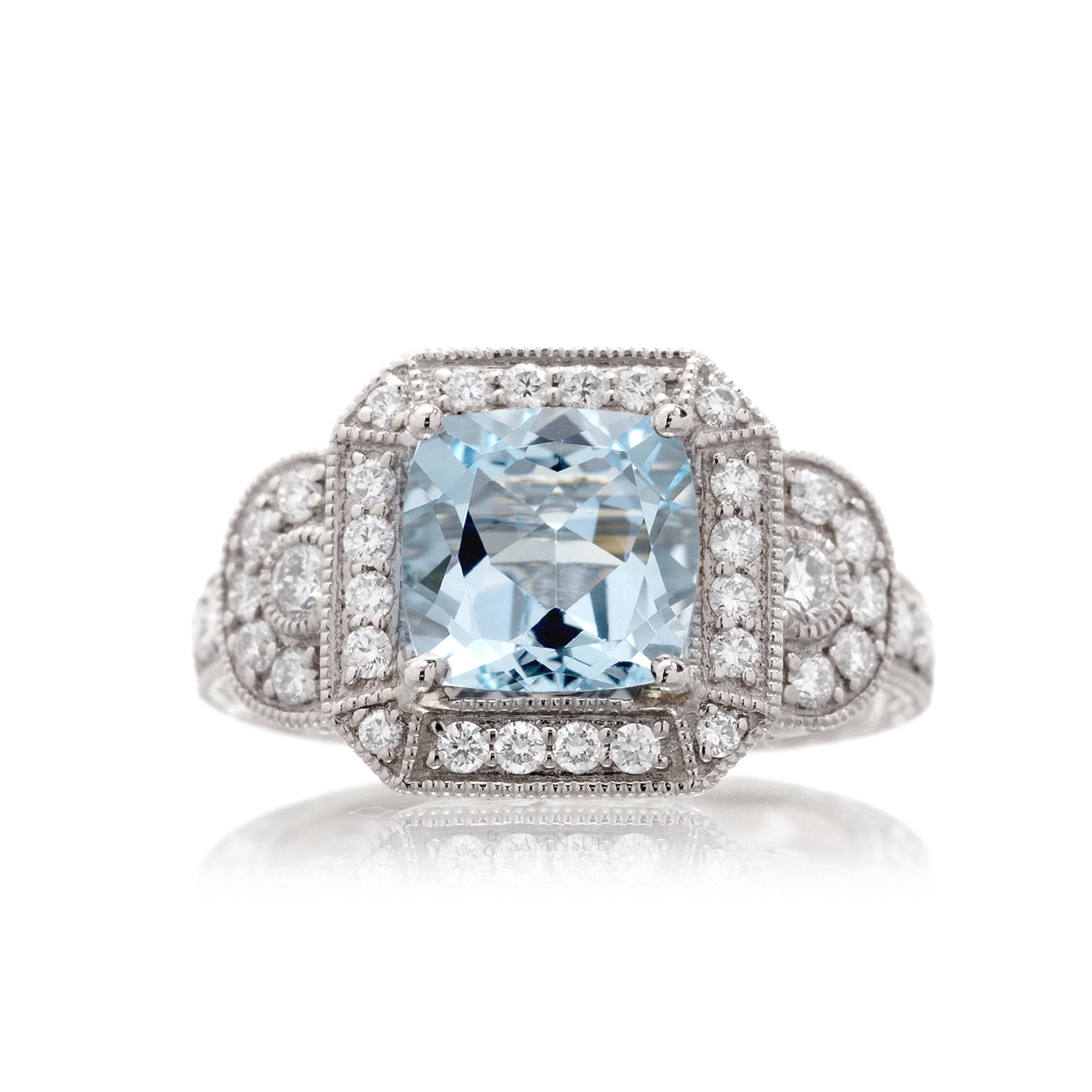 Cushion cut aquamarine vintage antique style three stone diamond halo ring white gold