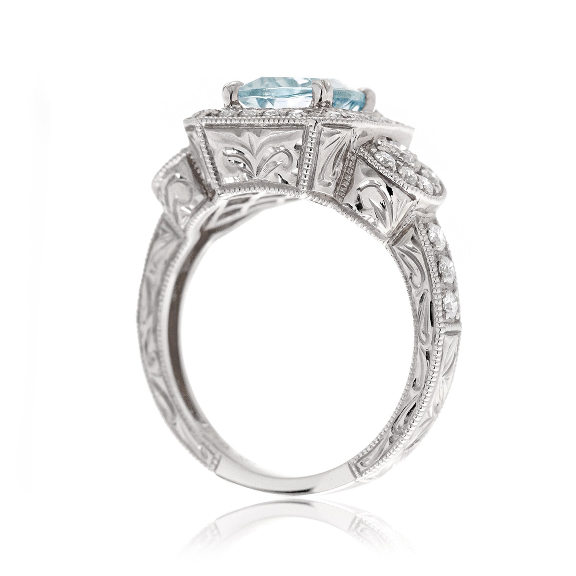 Cushion cut aquamarine vintage antique style three stone diamond halo ring white gold