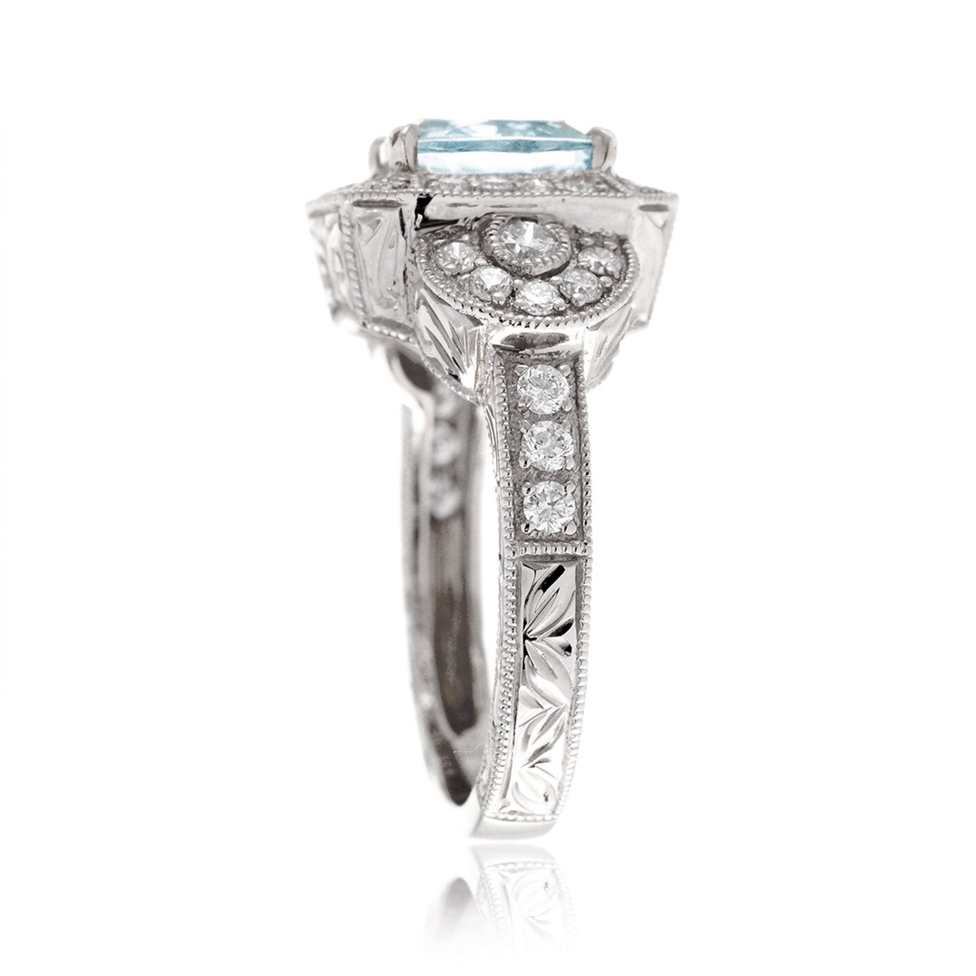 Cushion cut aquamarine vintage antique style three stone diamond halo ring white gold
