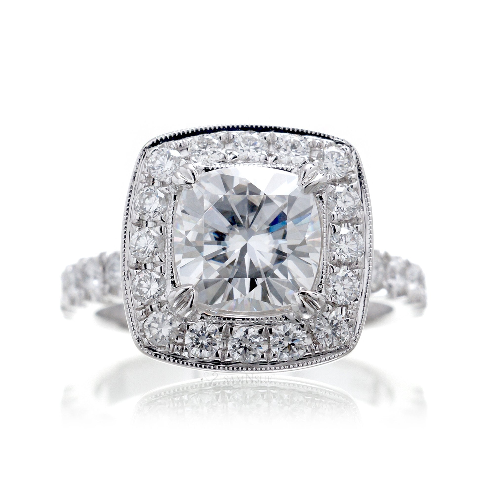 The Leila Halo Cushion Cut Moissanite Ring