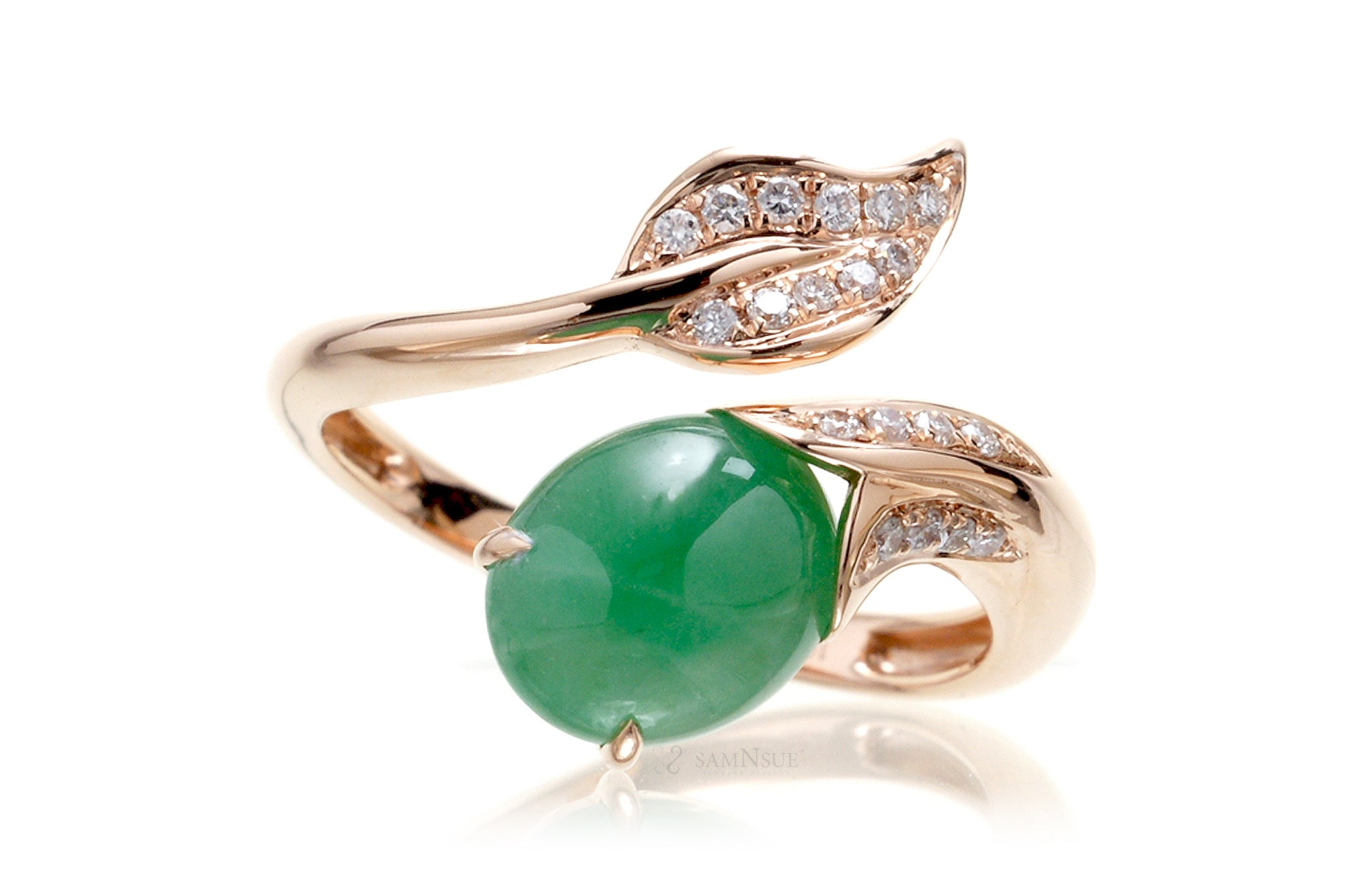 Jade cabochon leaf diamond ring in rose gold