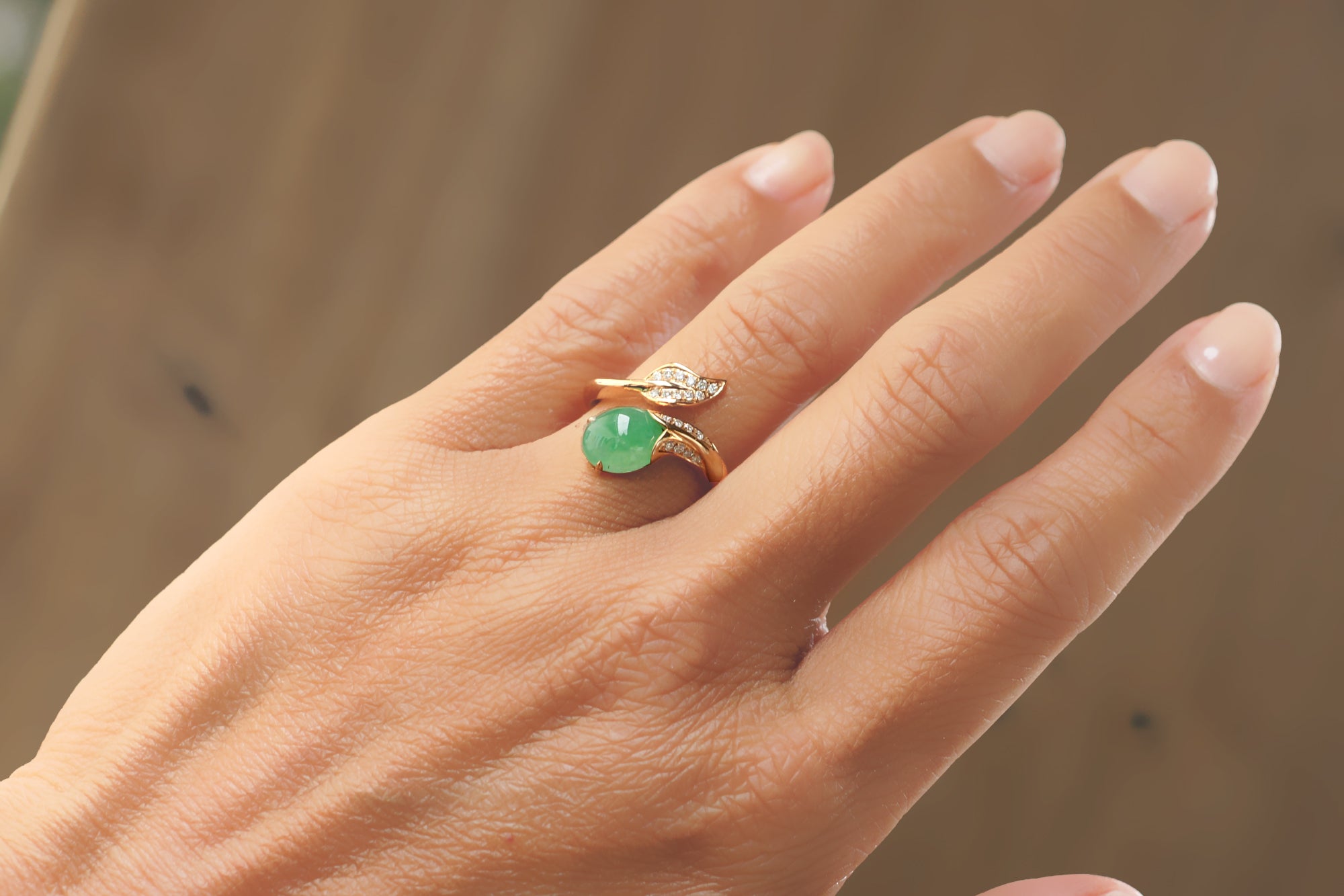 Cabochon Jade Diamond Leaf Ring