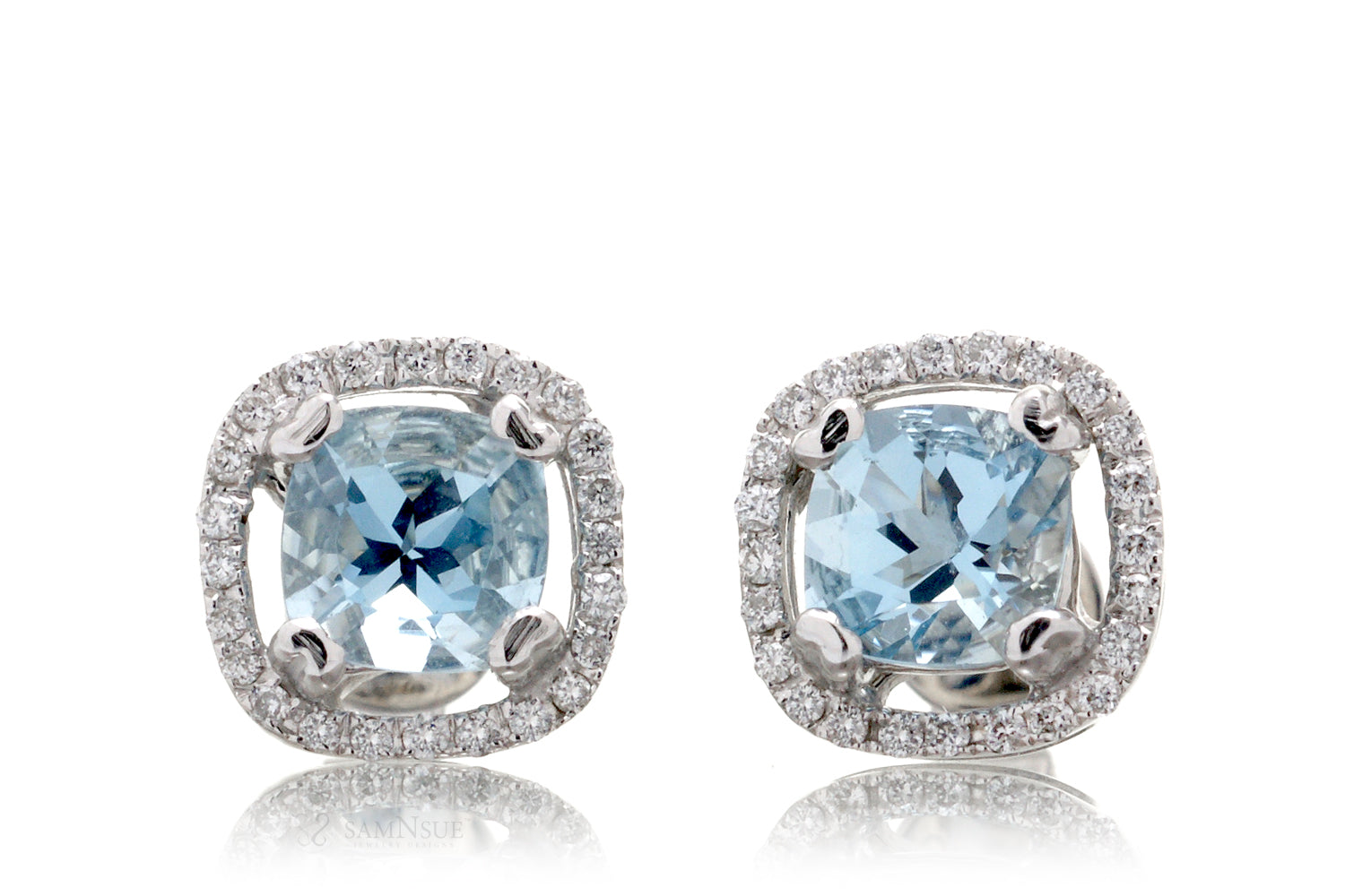 Aquamarine Open Diamond Halo Stud Earrings