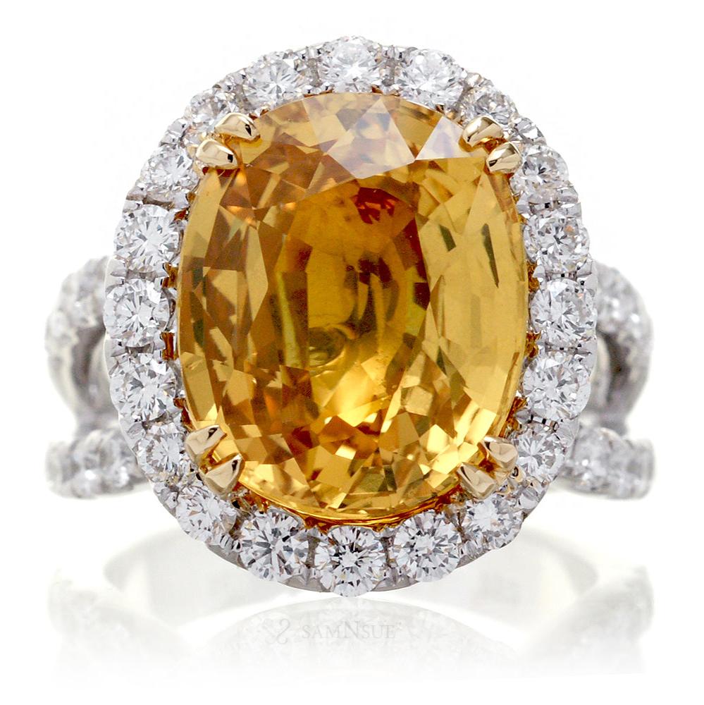 Large oval cut yellow sapphire diamond halo split band cocktail ring