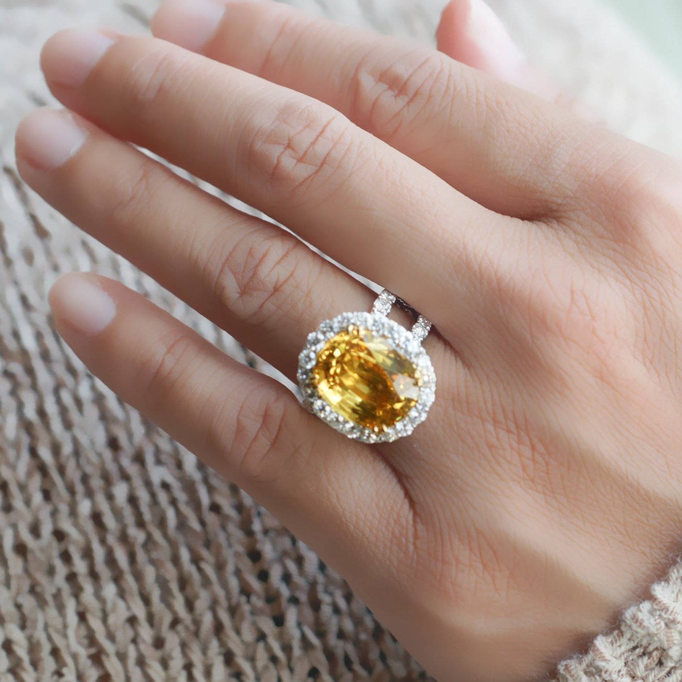 Large oval cut yellow sapphire diamond halo split band cocktail ring