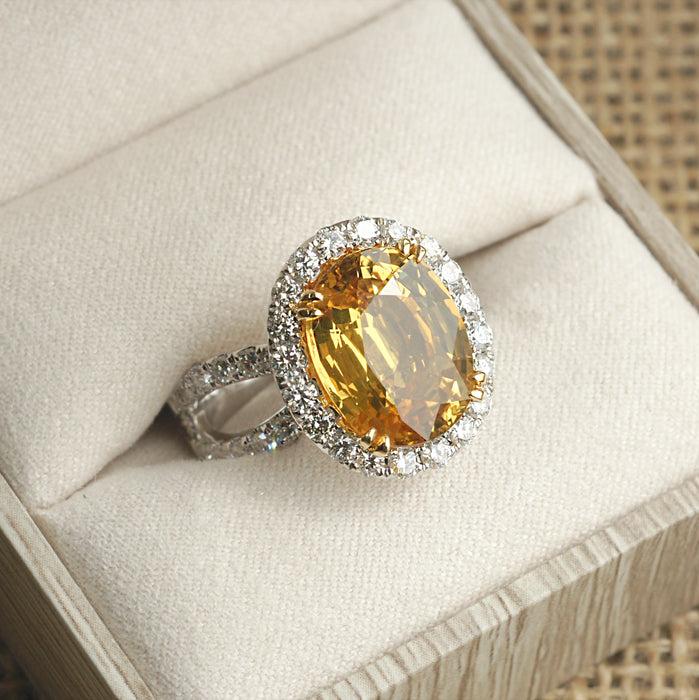 Large oval cut yellow sapphire diamond halo split band cocktail ring