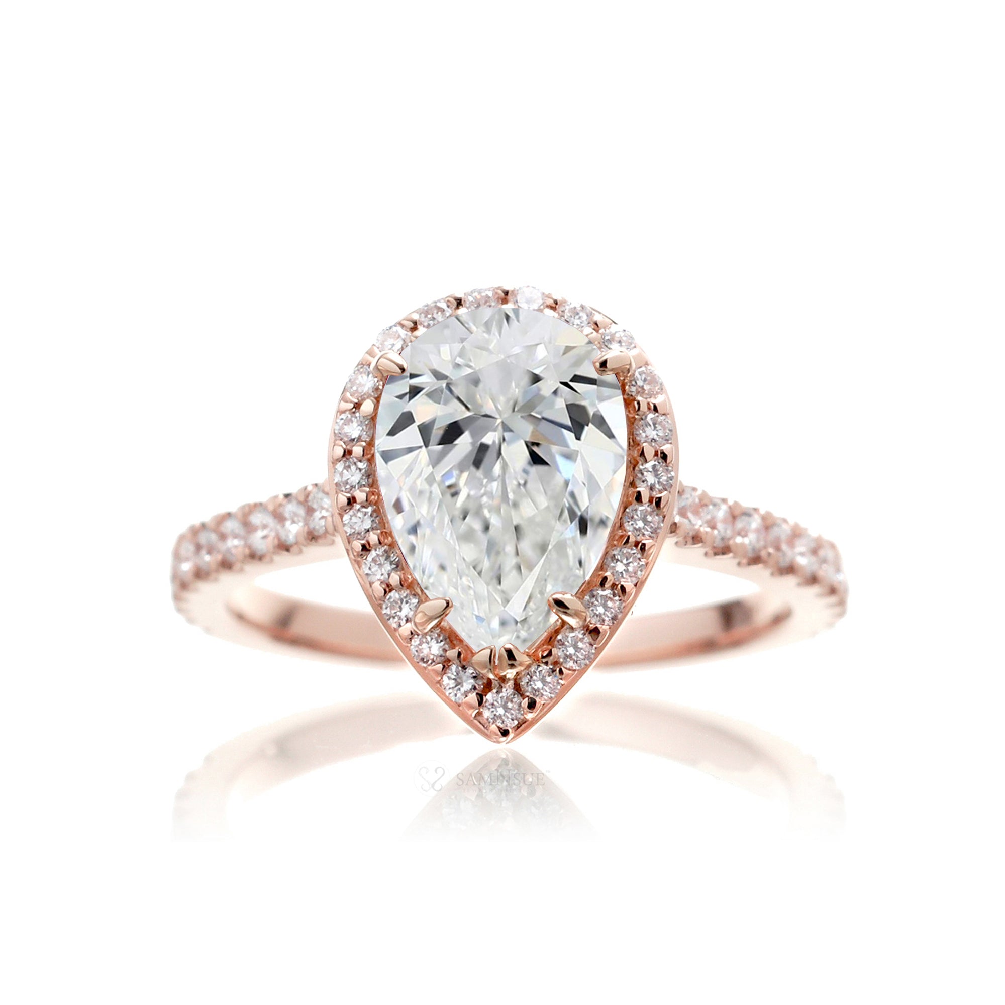 Pear diamond engagement ring the sunset halo rose gold