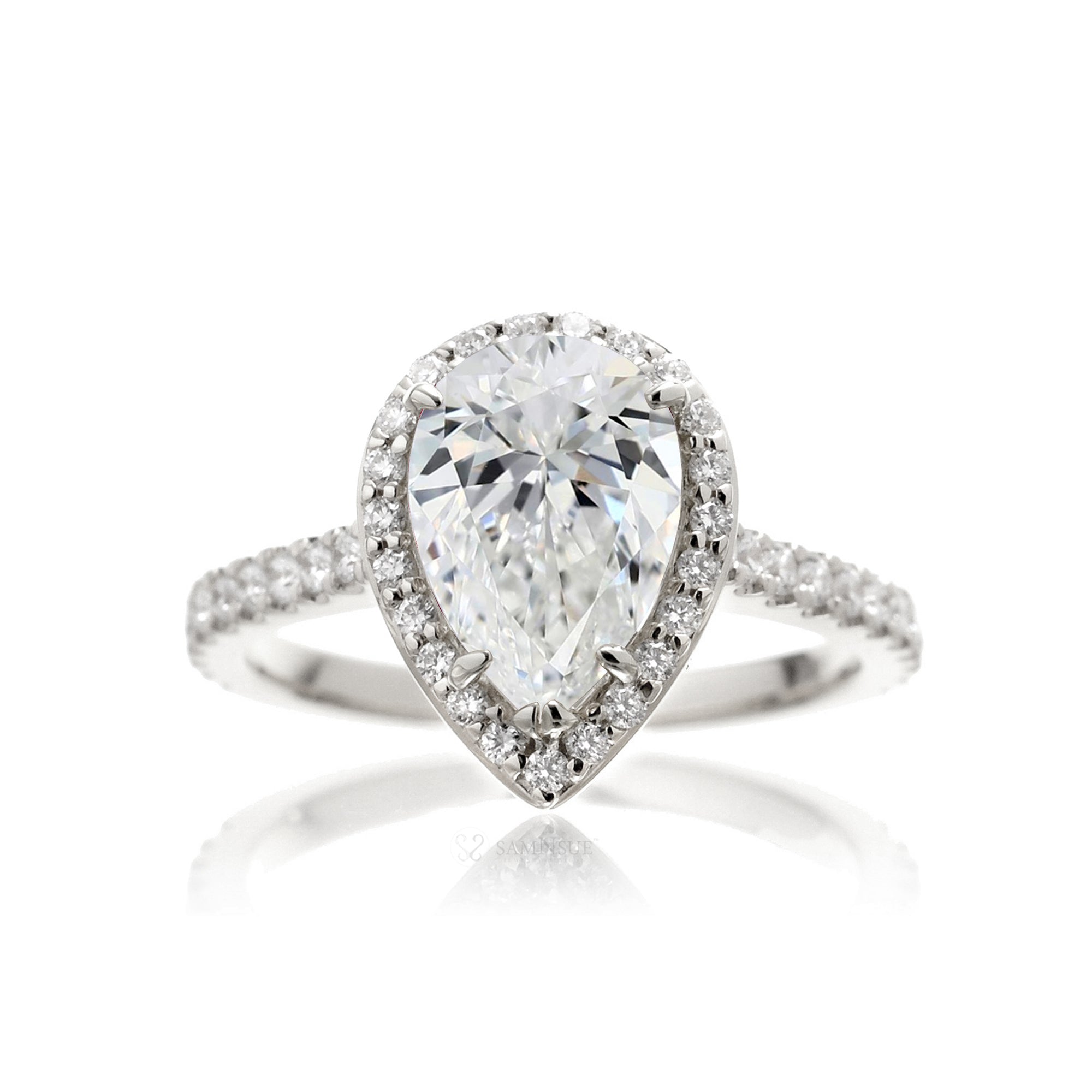 Pear diamond engagement ring the sunset halo white gold