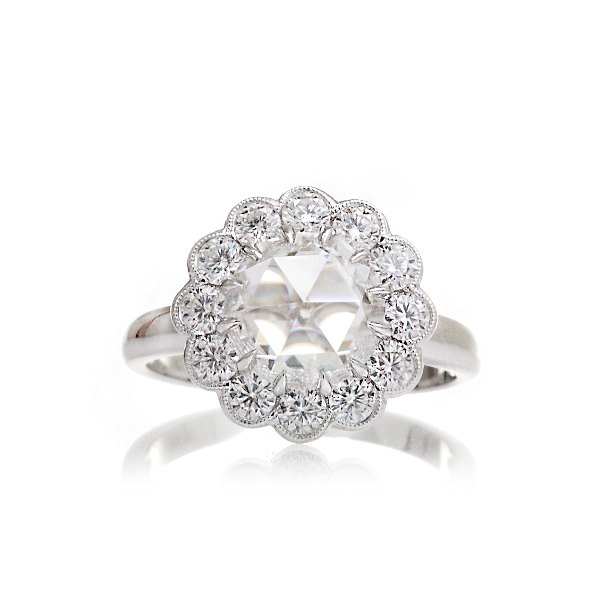 Rose cut moissanite diamond halo ring - the Catherine white gold