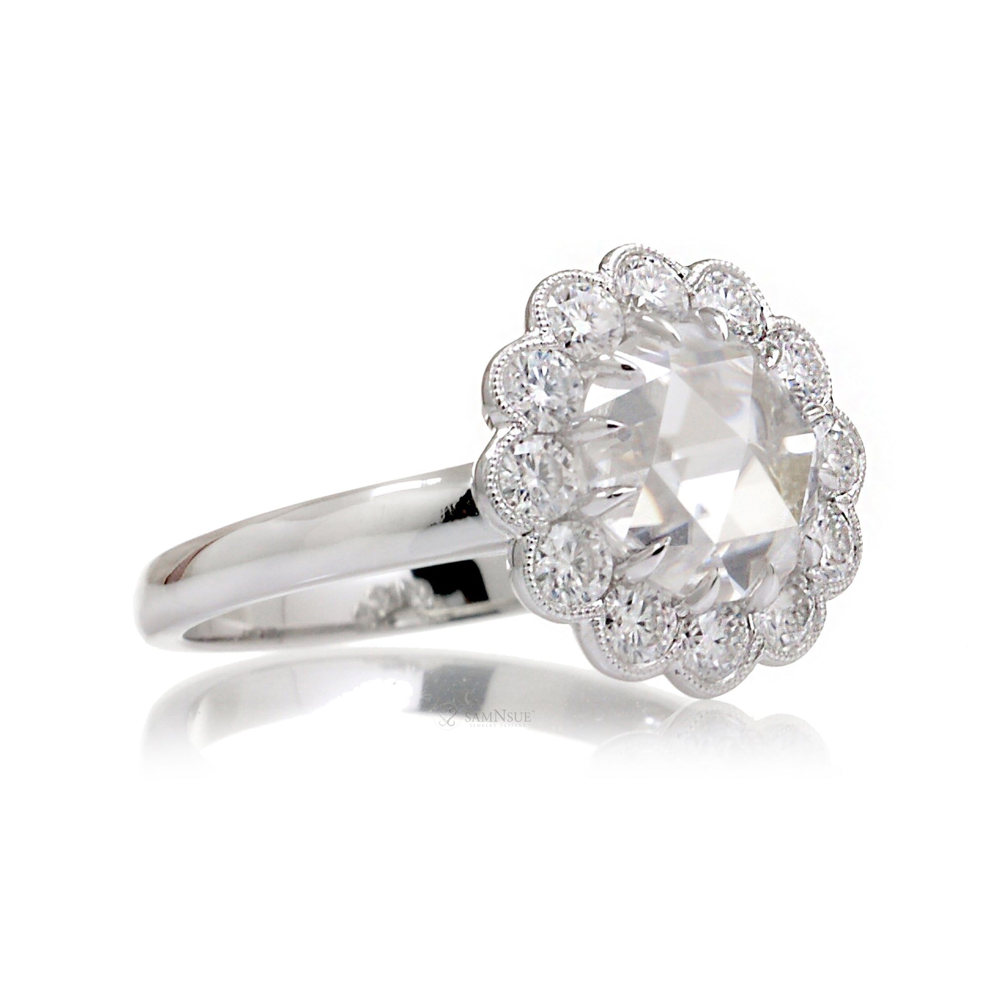 Rose cut moissanite diamond halo ring - the Catherine white gold
