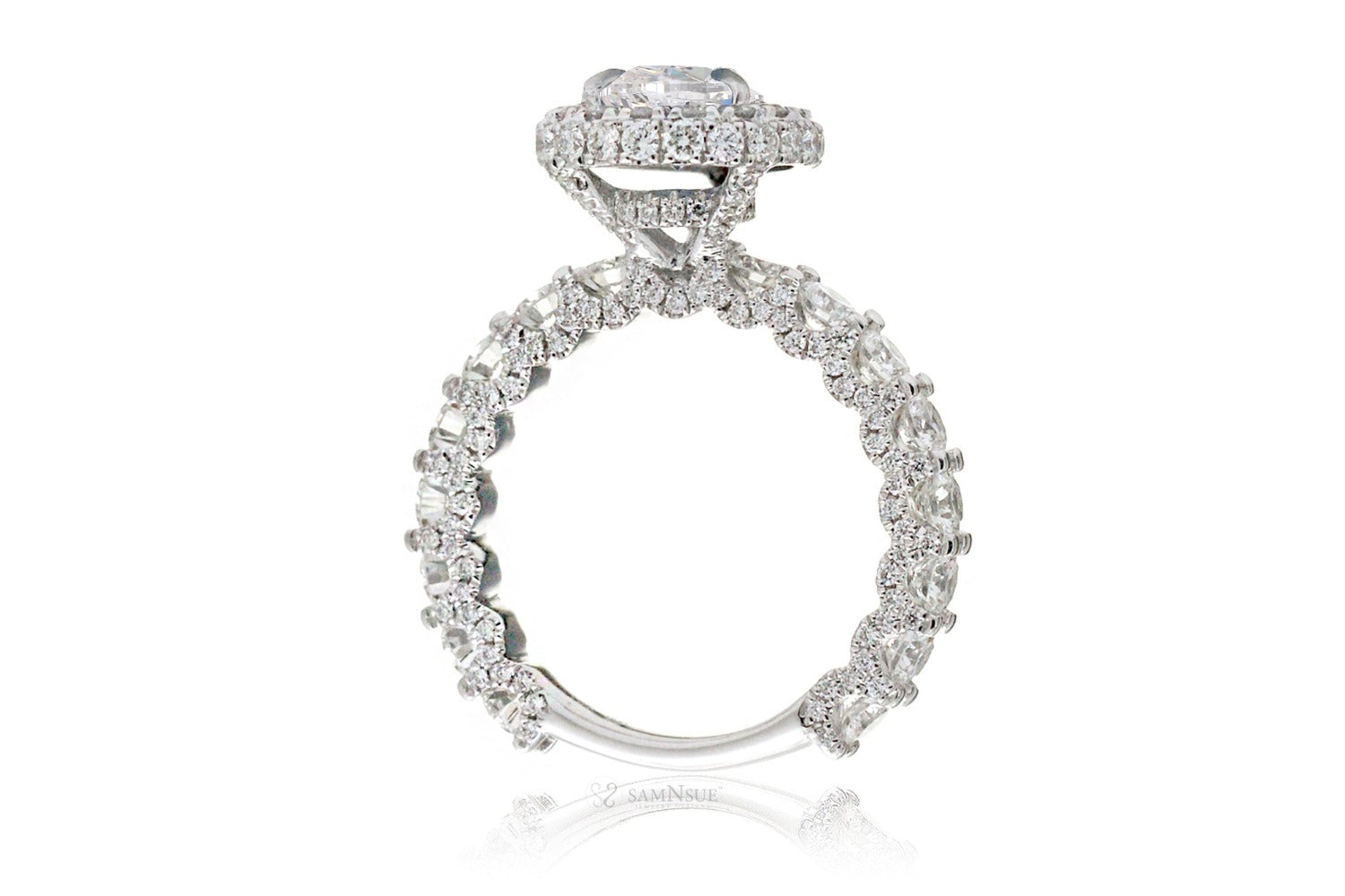 Pear diamond ring with two sided halo and u prong band white gold