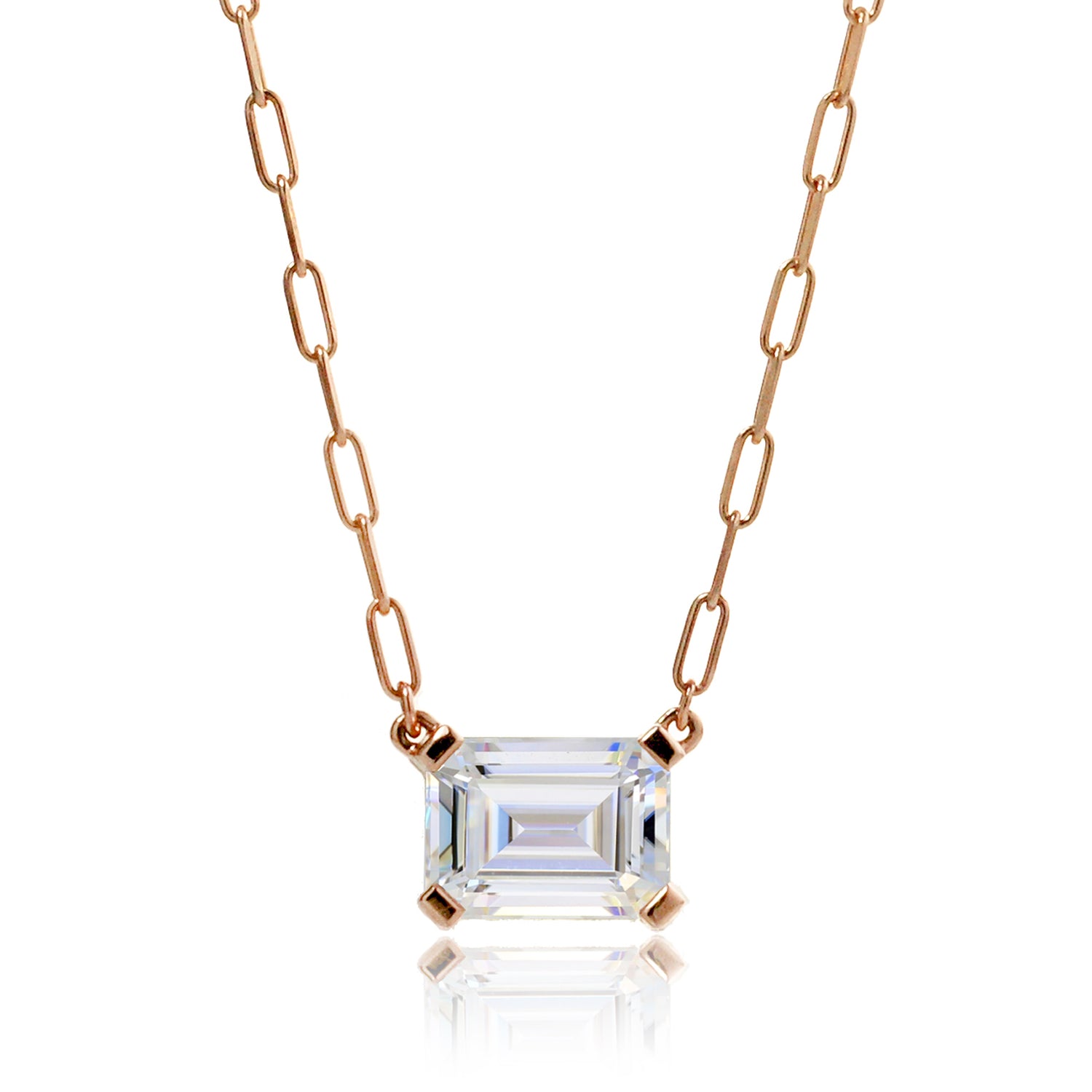 14k rose gold solitaire moissanite emerald cut paper clip chain
