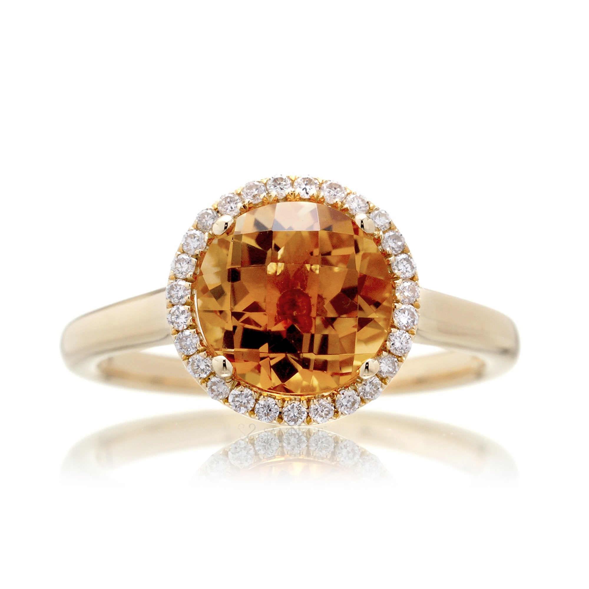 Round checkerboard cut citrine ring with diamond halo yellow gold solid band