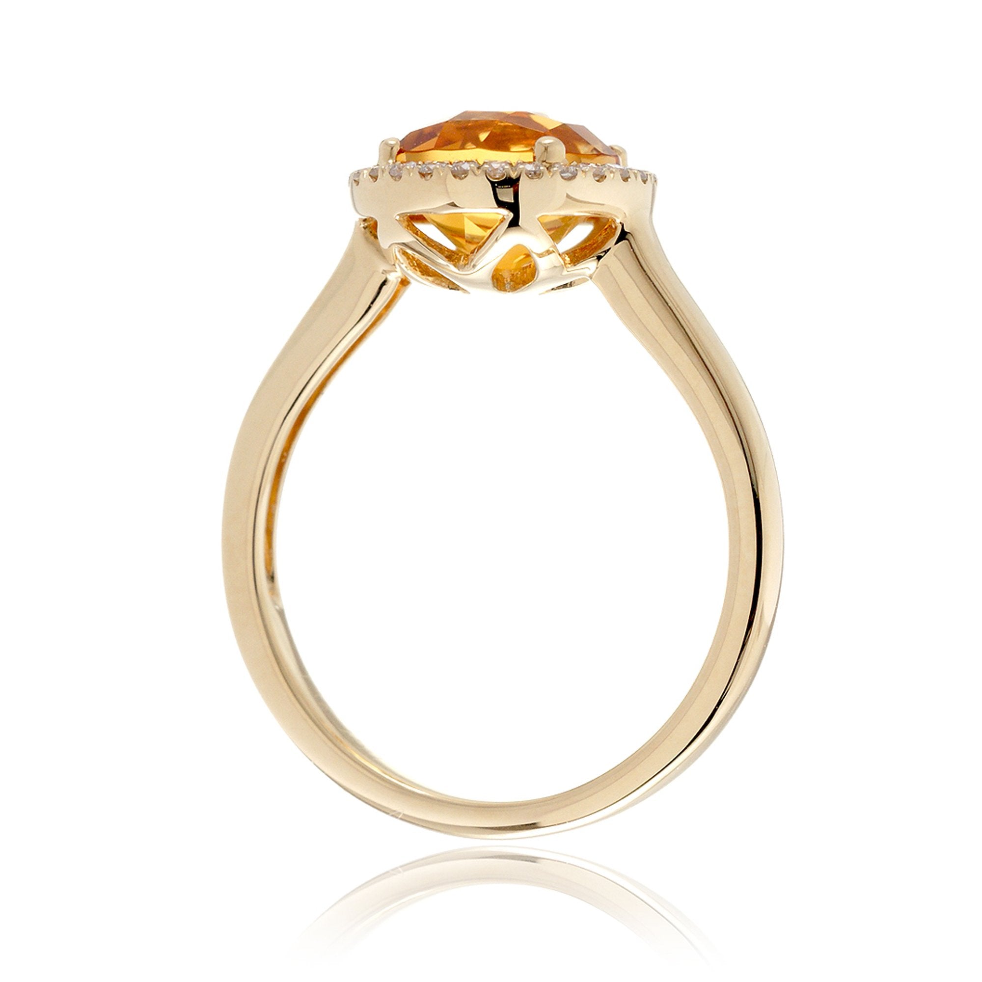 Round checkerboard cut citrine ring with diamond halo yellow gold solid band