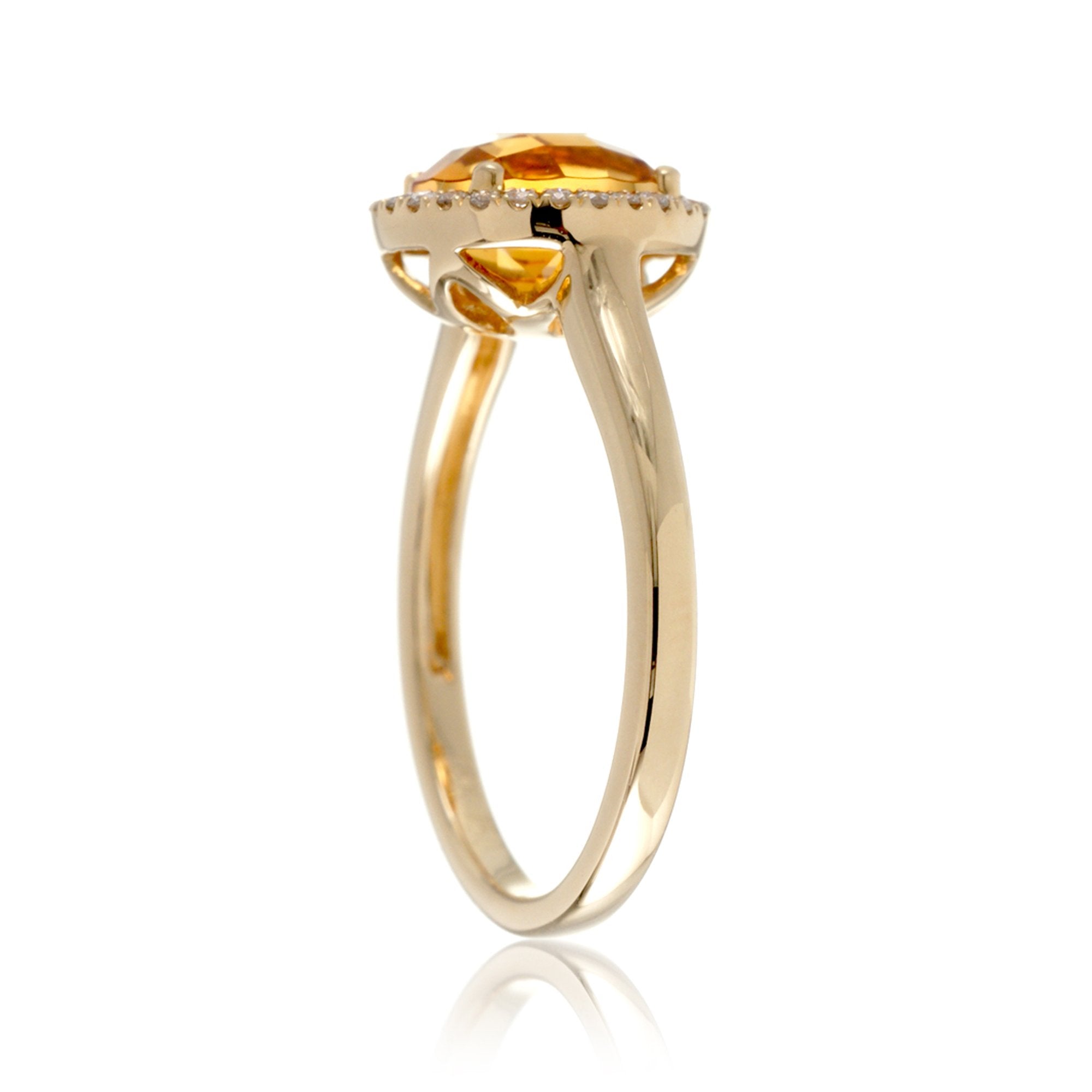 Round checkerboard cut citrine ring with diamond halo yellow gold solid band