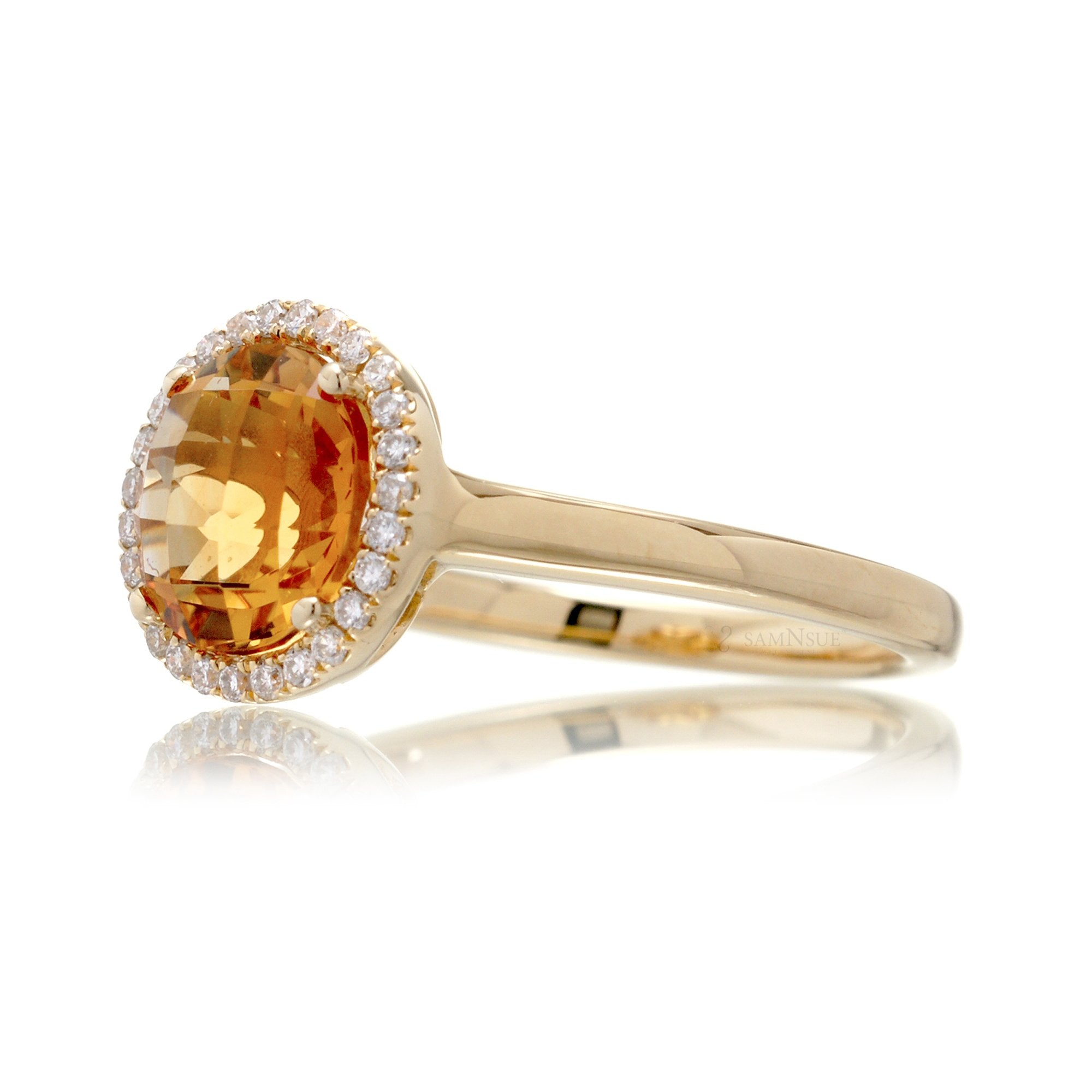 Round checkerboard cut citrine ring with diamond halo yellow gold solid band