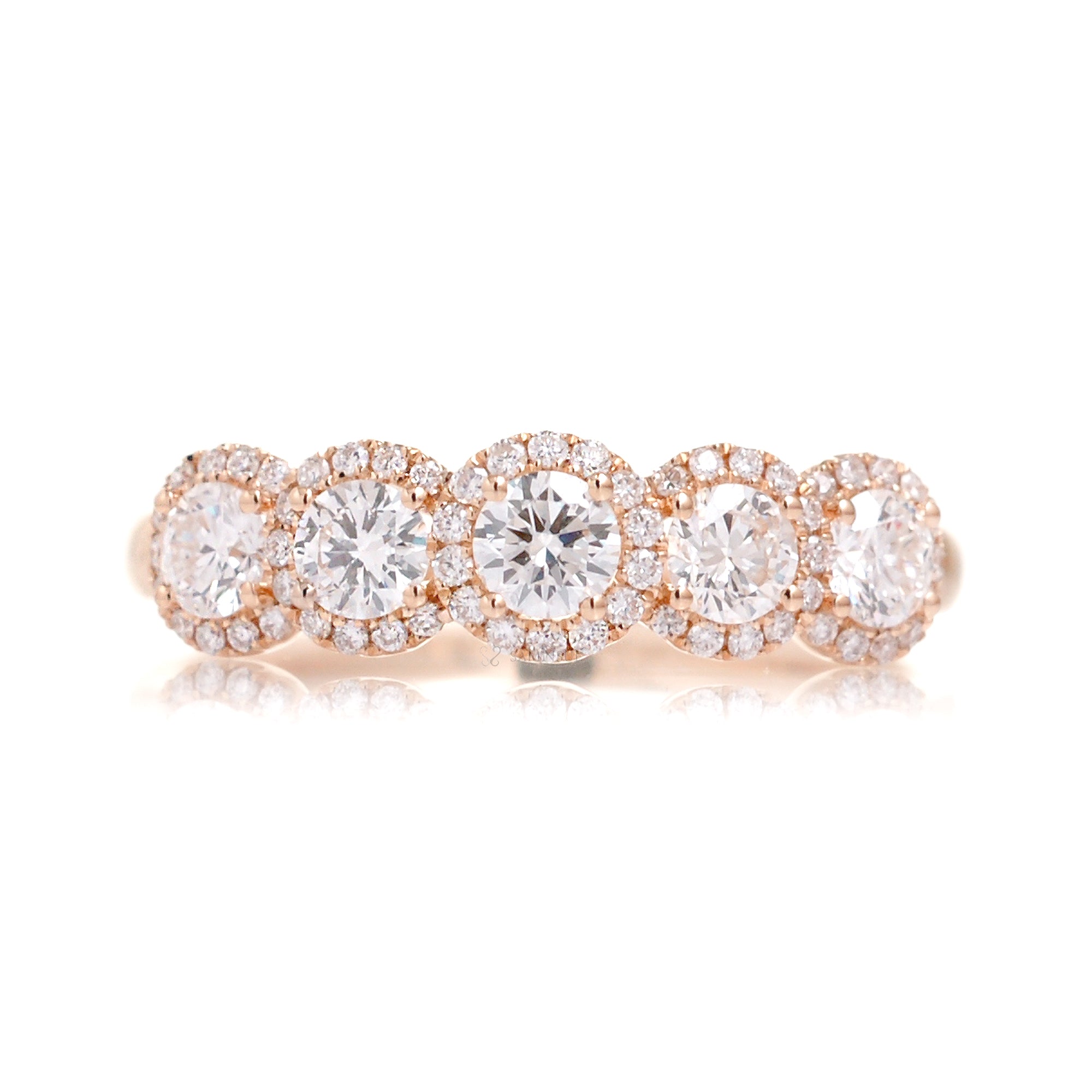 Five round diamond halo wedding anniversary band in rose gold