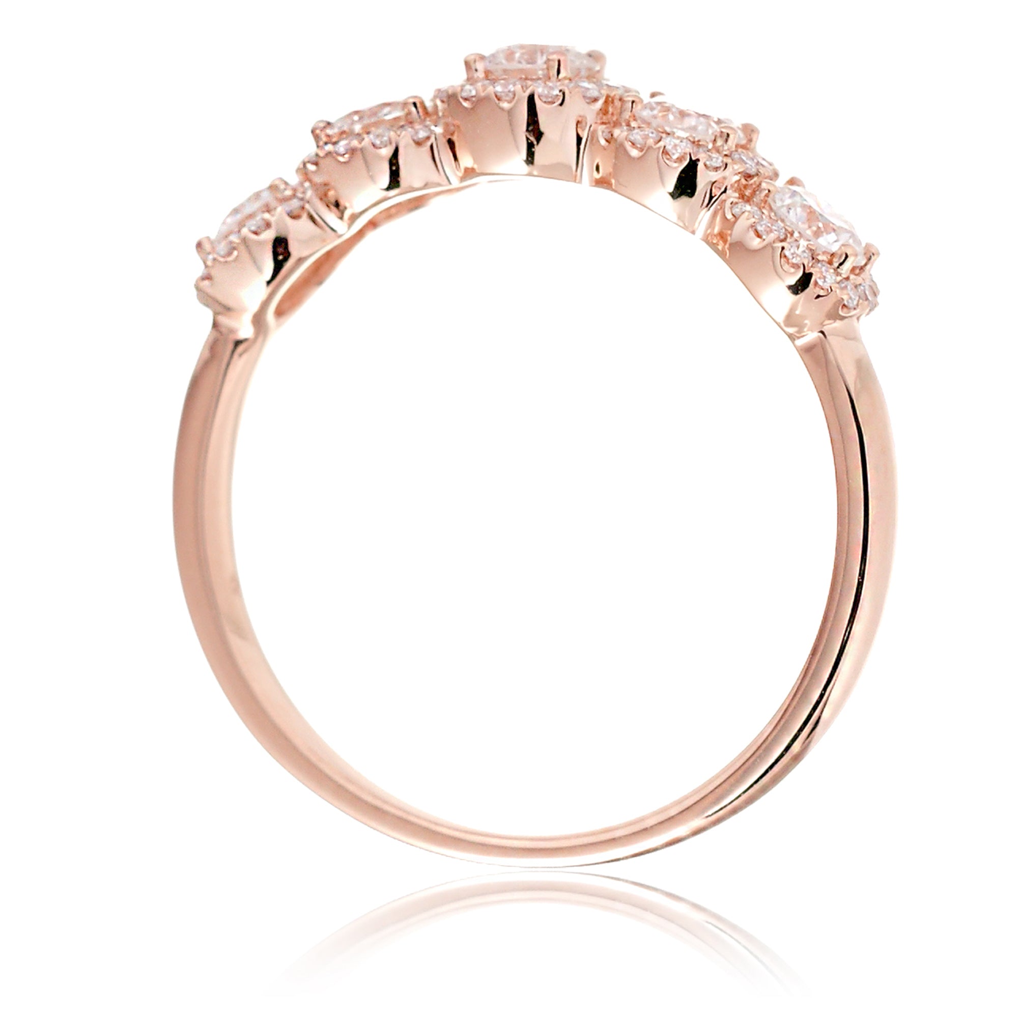 Five round diamond halo wedding anniversary band in rose gold
