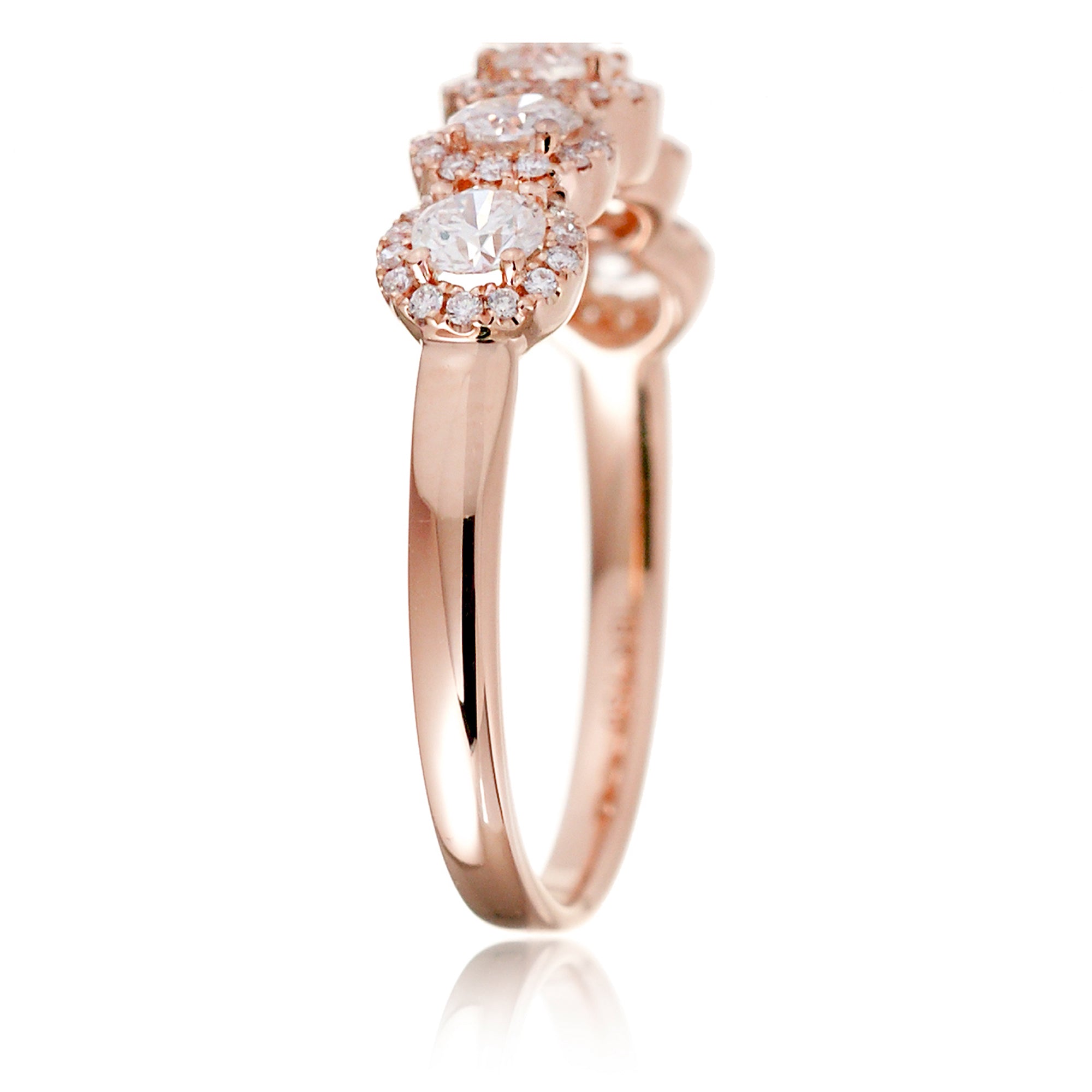 Five round diamond halo wedding anniversary band in rose gold