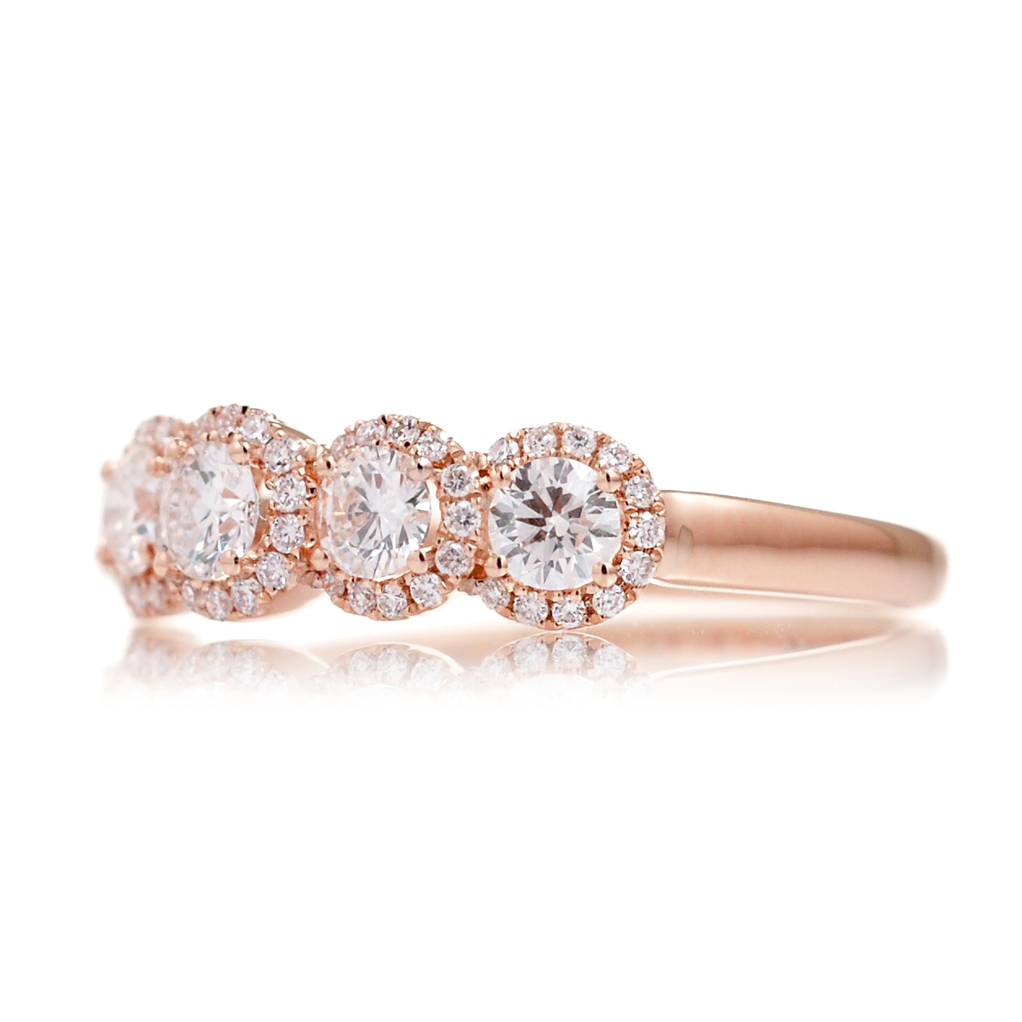 Five round diamond halo wedding anniversary band in rose gold