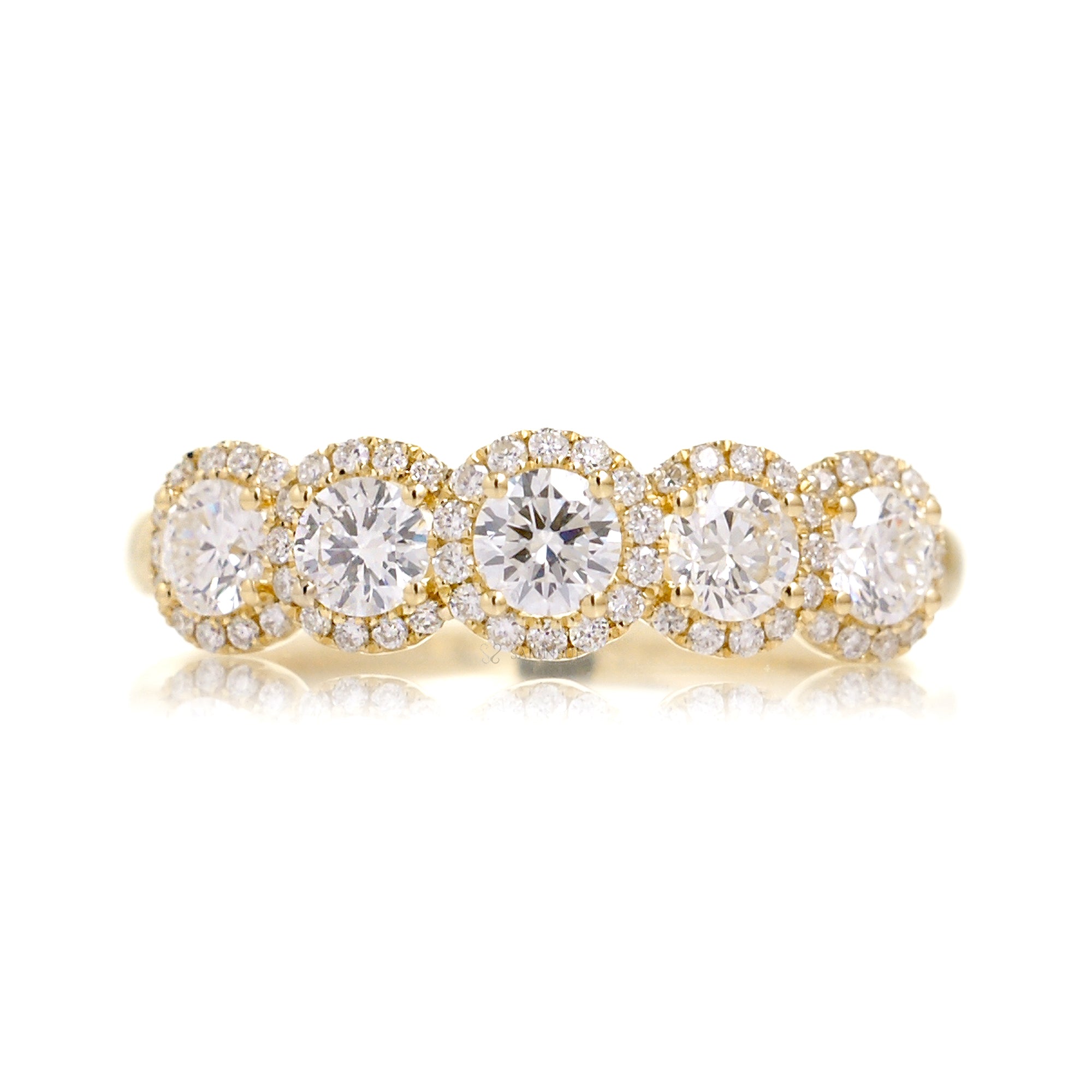 Five round diamond halo wedding anniversary band in yellow gold