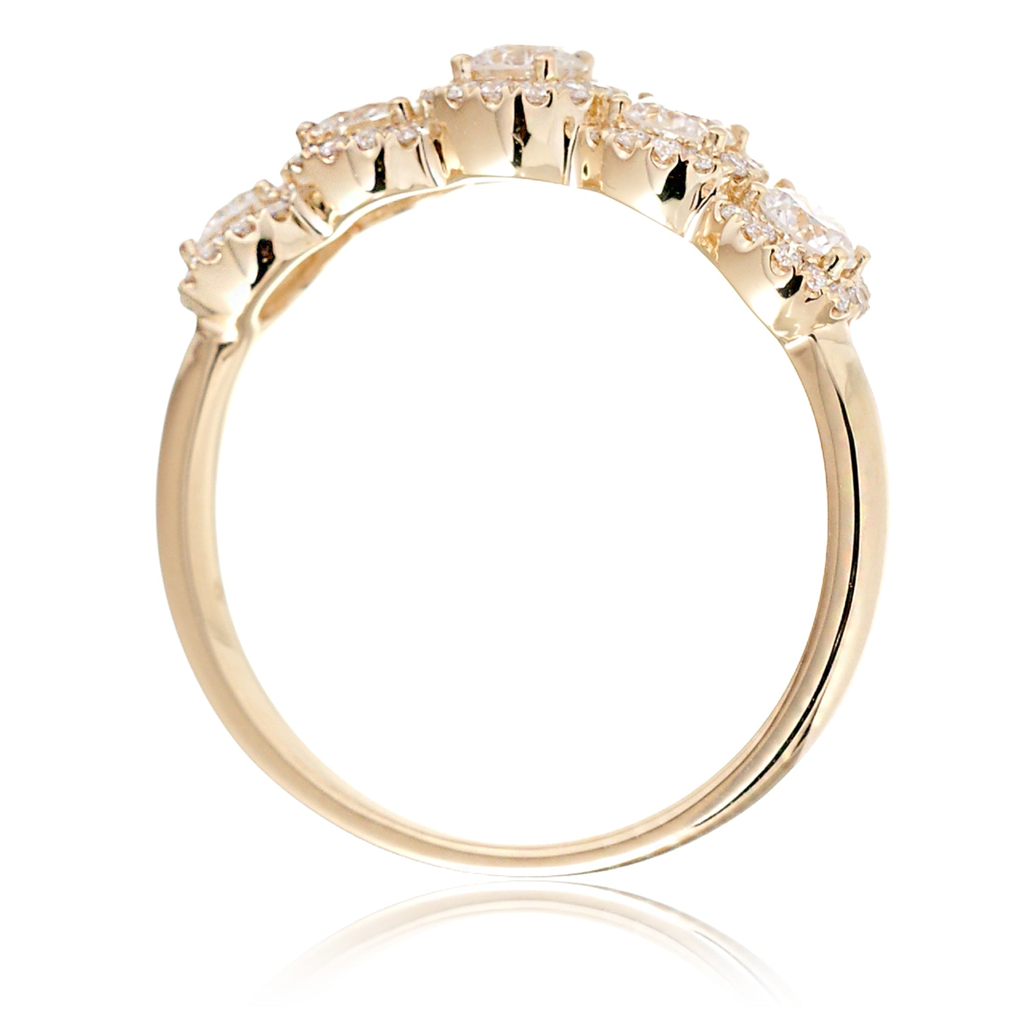 Five round diamond halo wedding anniversary band in yellow gold
