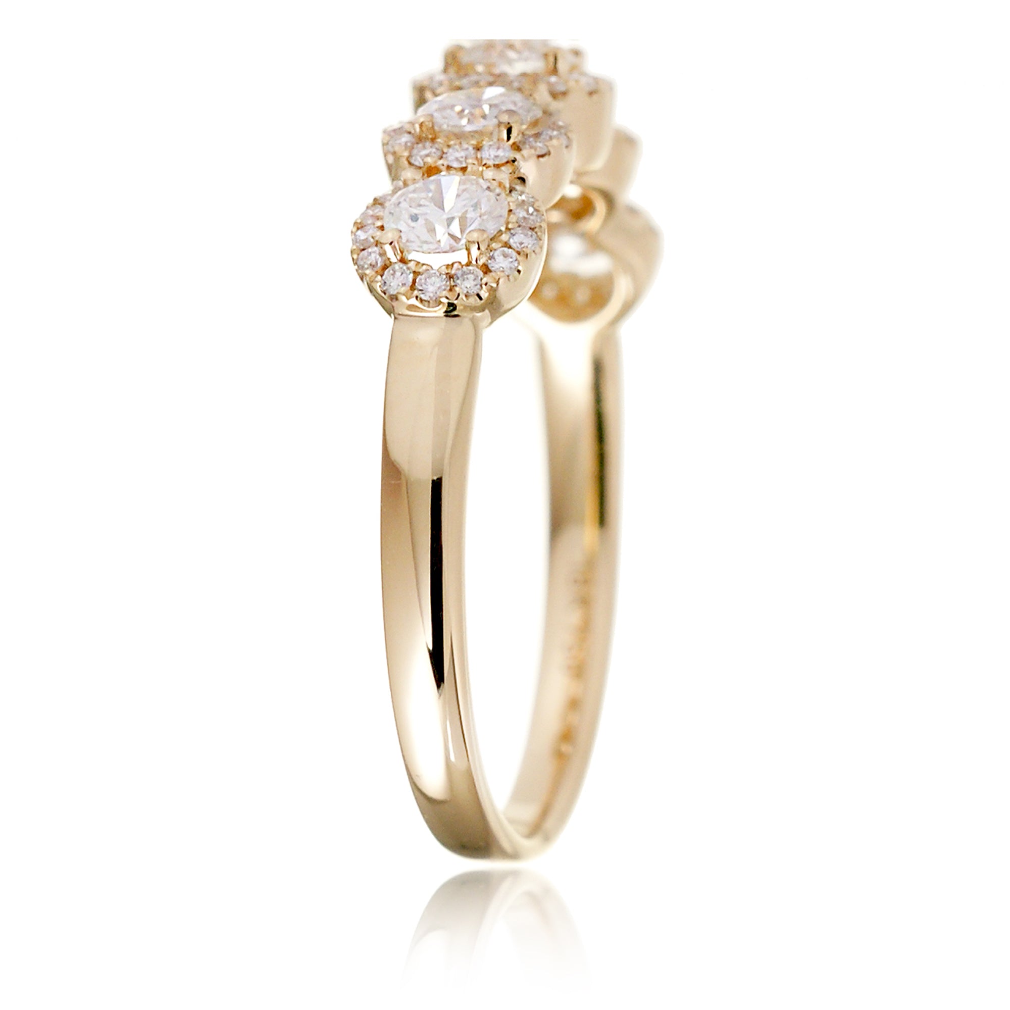 Five round diamond halo wedding anniversary band in yellow gold