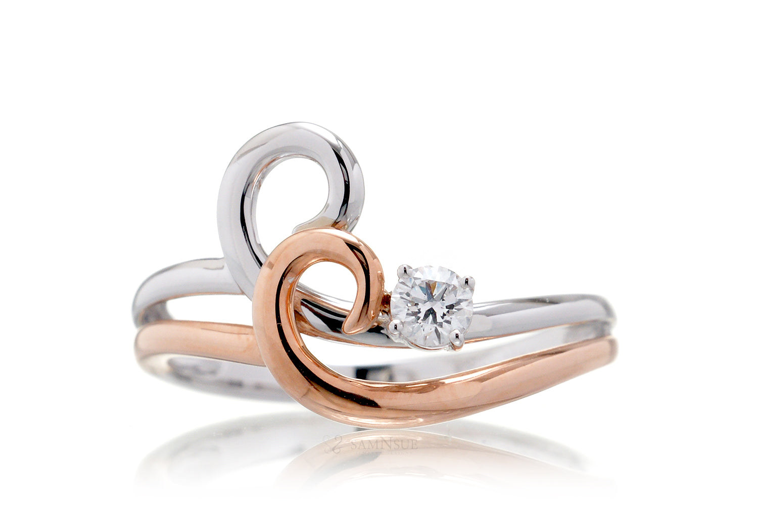 Surfing wave diamond two tone ring white and rose gold