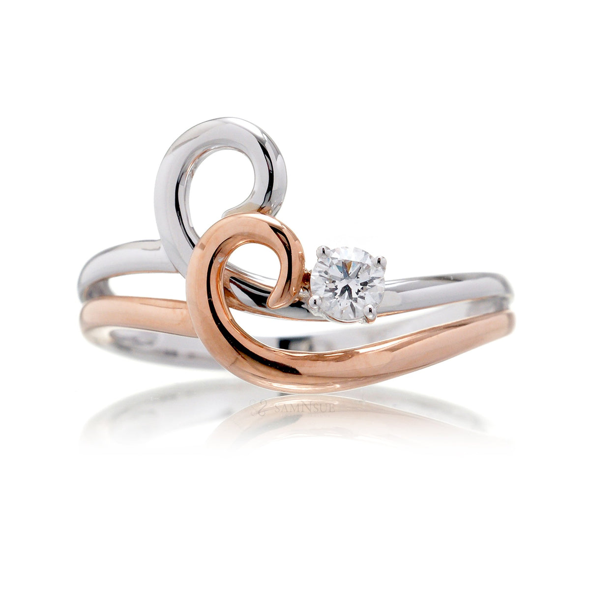Surfing wave diamond two tone ring white and rose gold