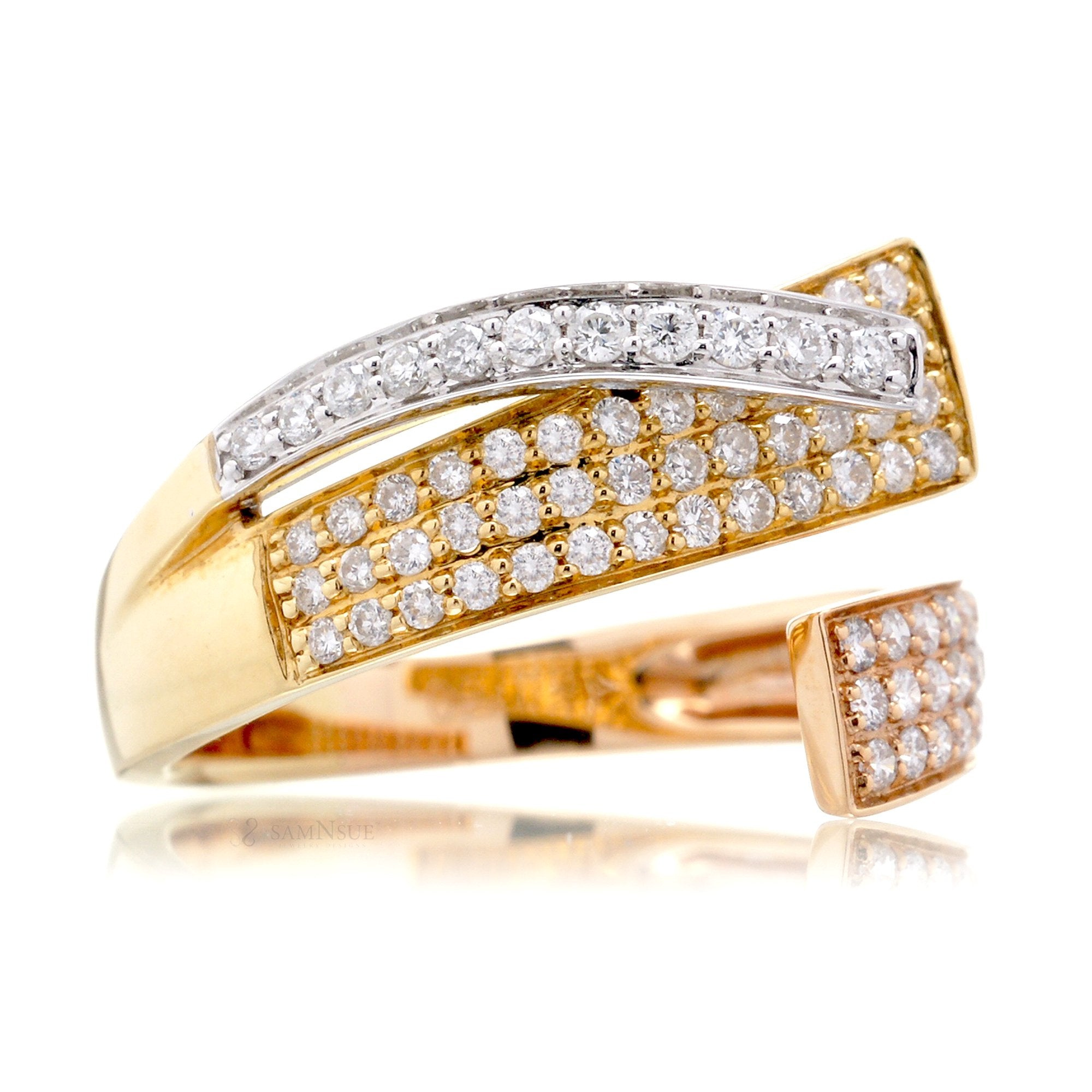 Contemporary diamond band three tone white rose and yellow gold