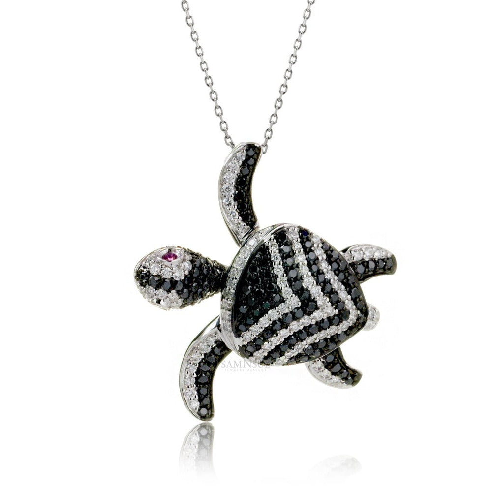 Turtle diamond pendant necklace Chevron top flipper style in black diamond