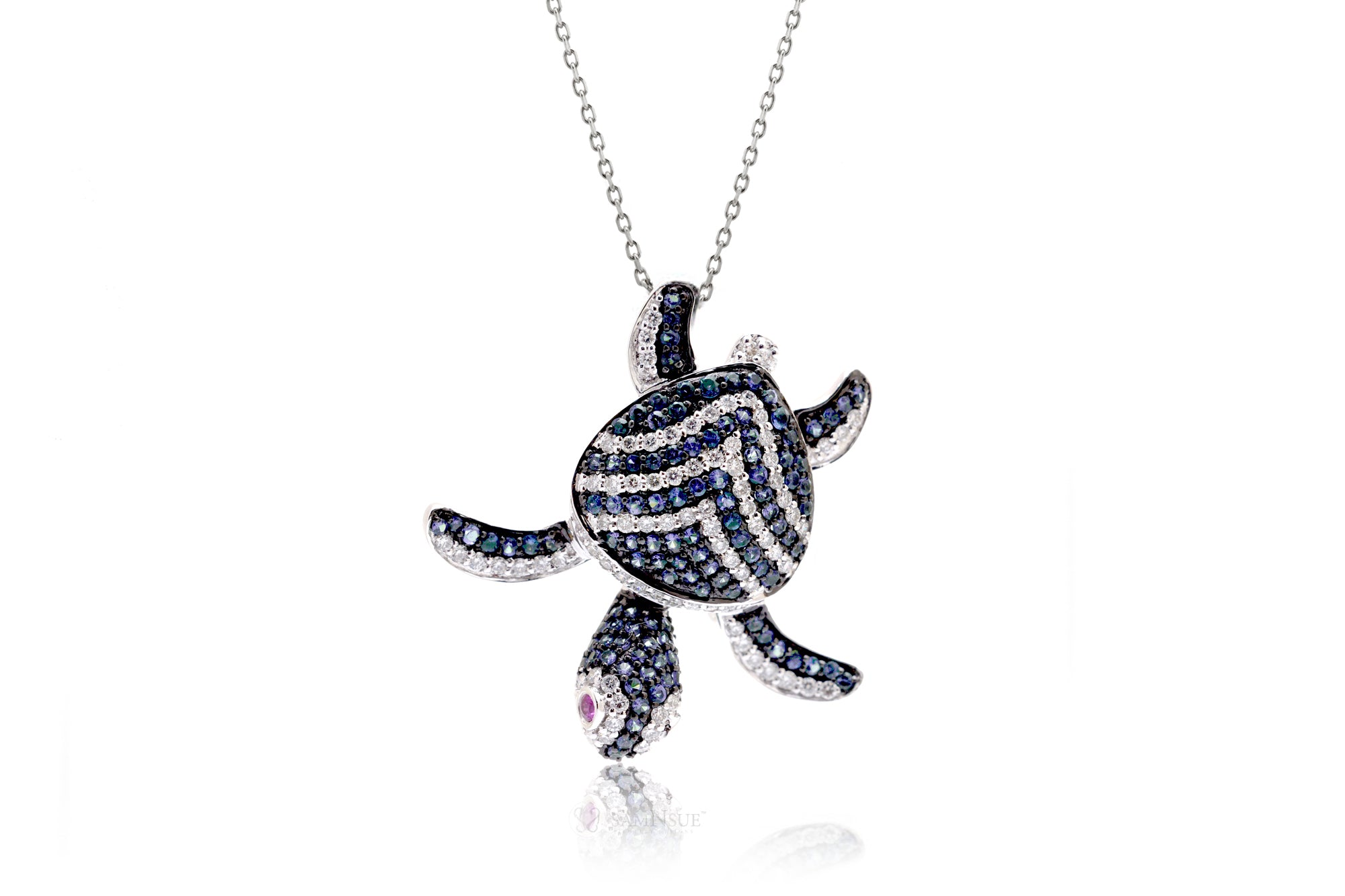 Turtle Diamond Pendant With Blue Sapphire Chevron Shell