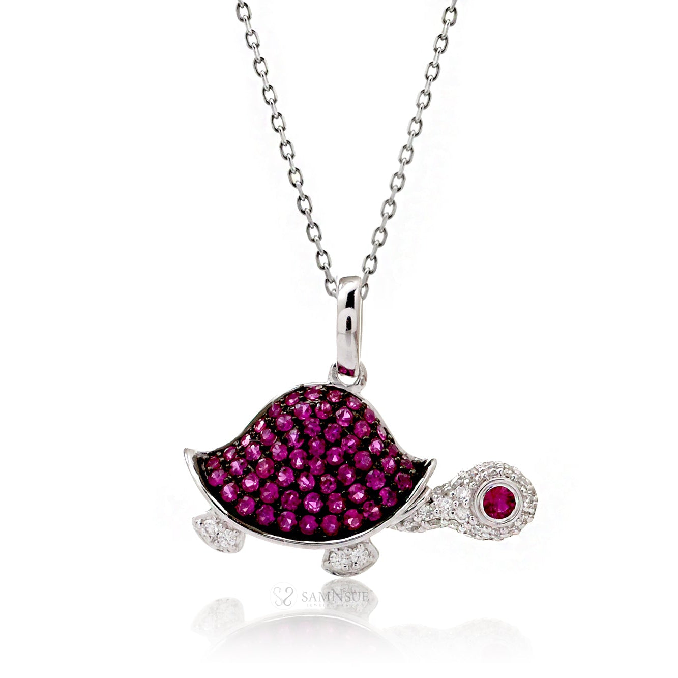 Turtle necklace with rubies in white gold