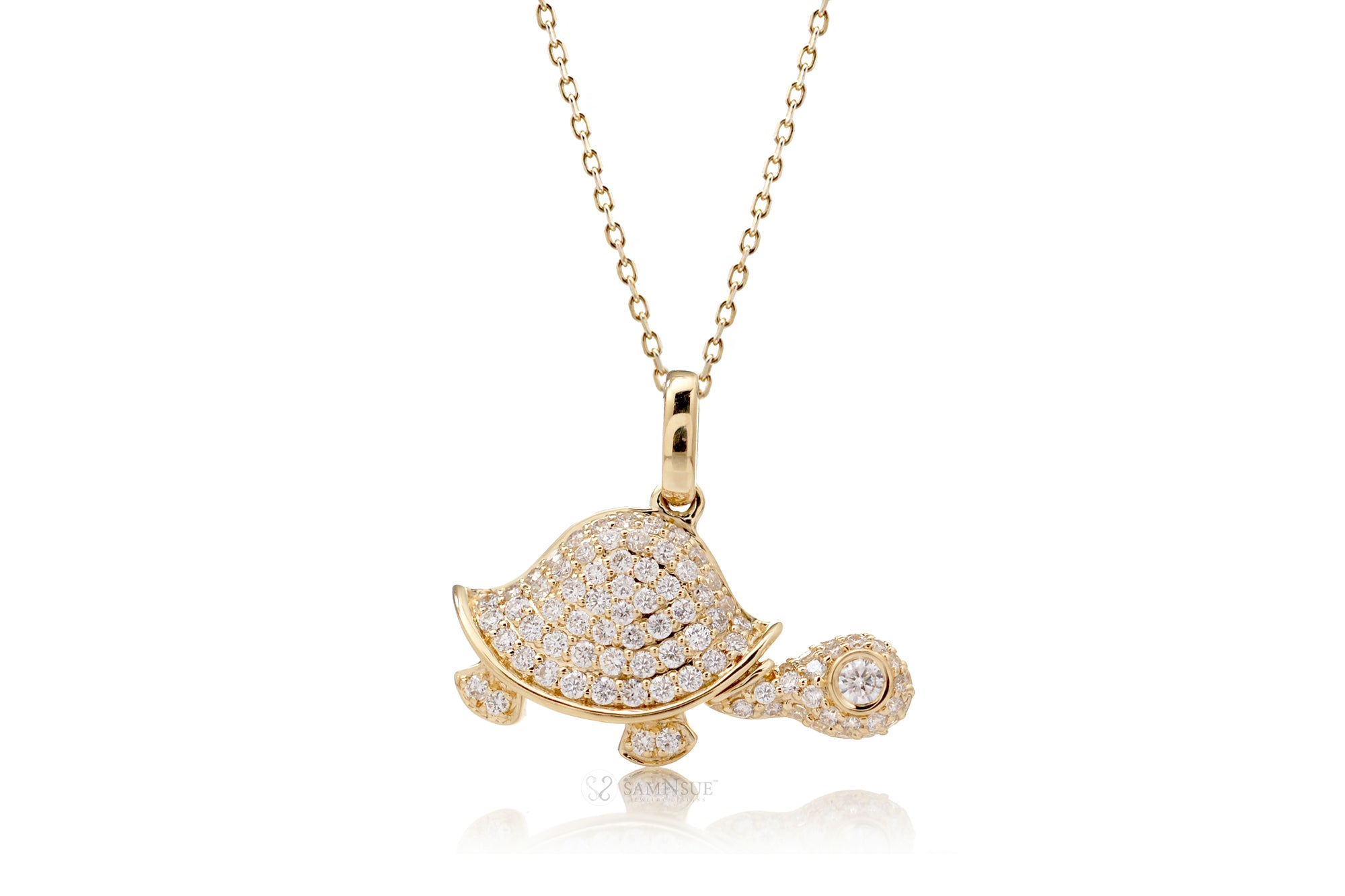 Turtle necklace with all white diamond in yellow gold