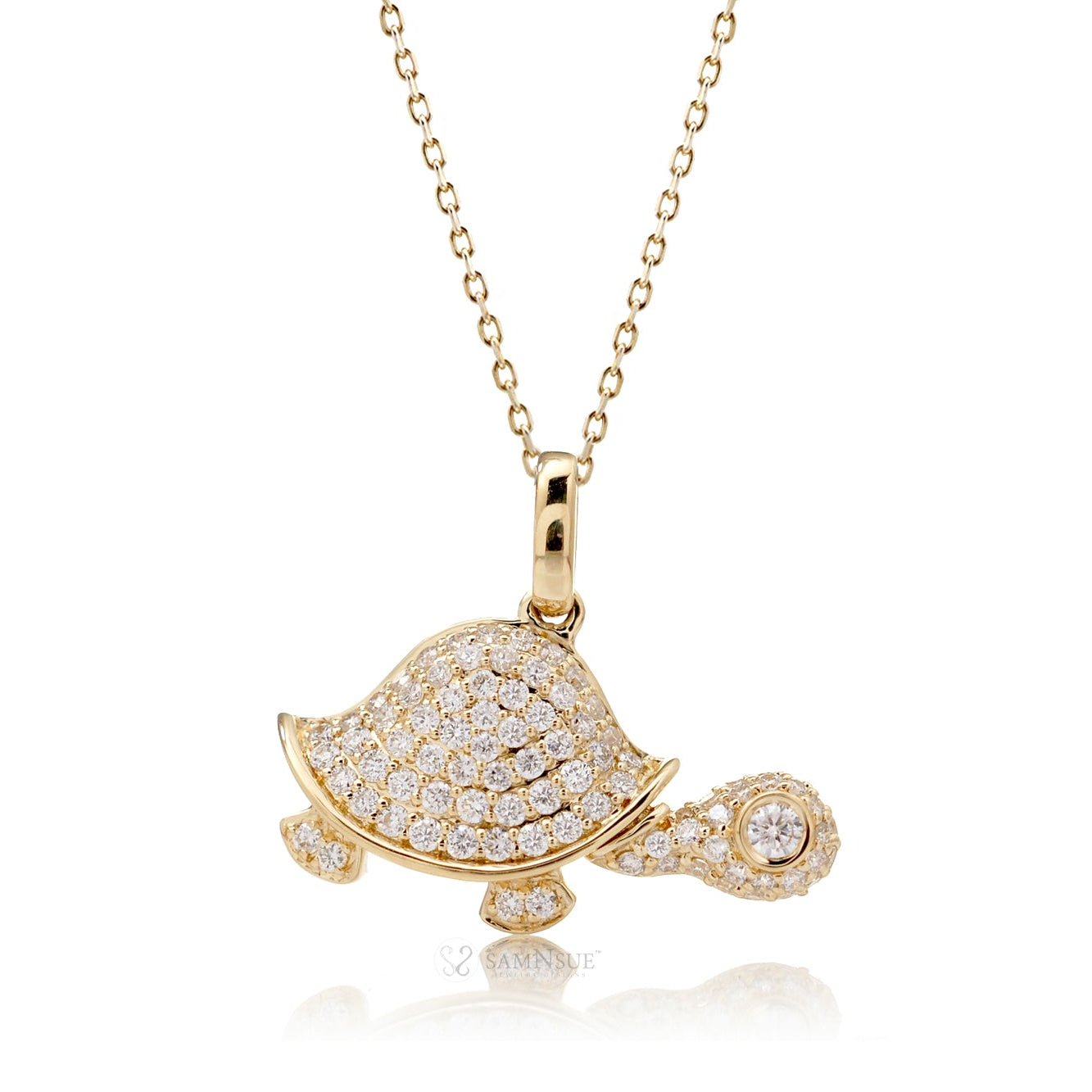 Turtle necklace with all white diamond in yellow gold
