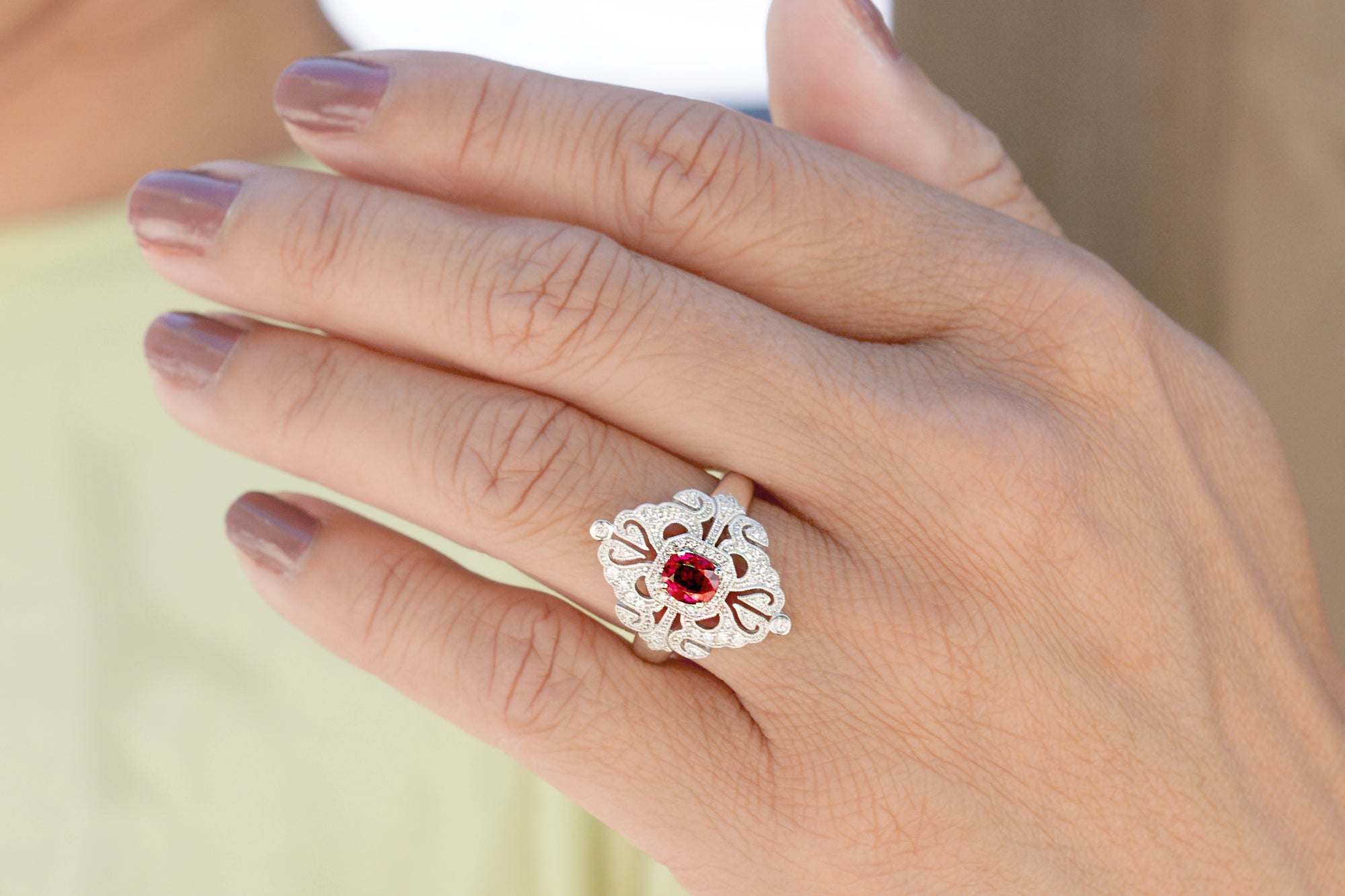 Oval ruby and diamond vintage design ring