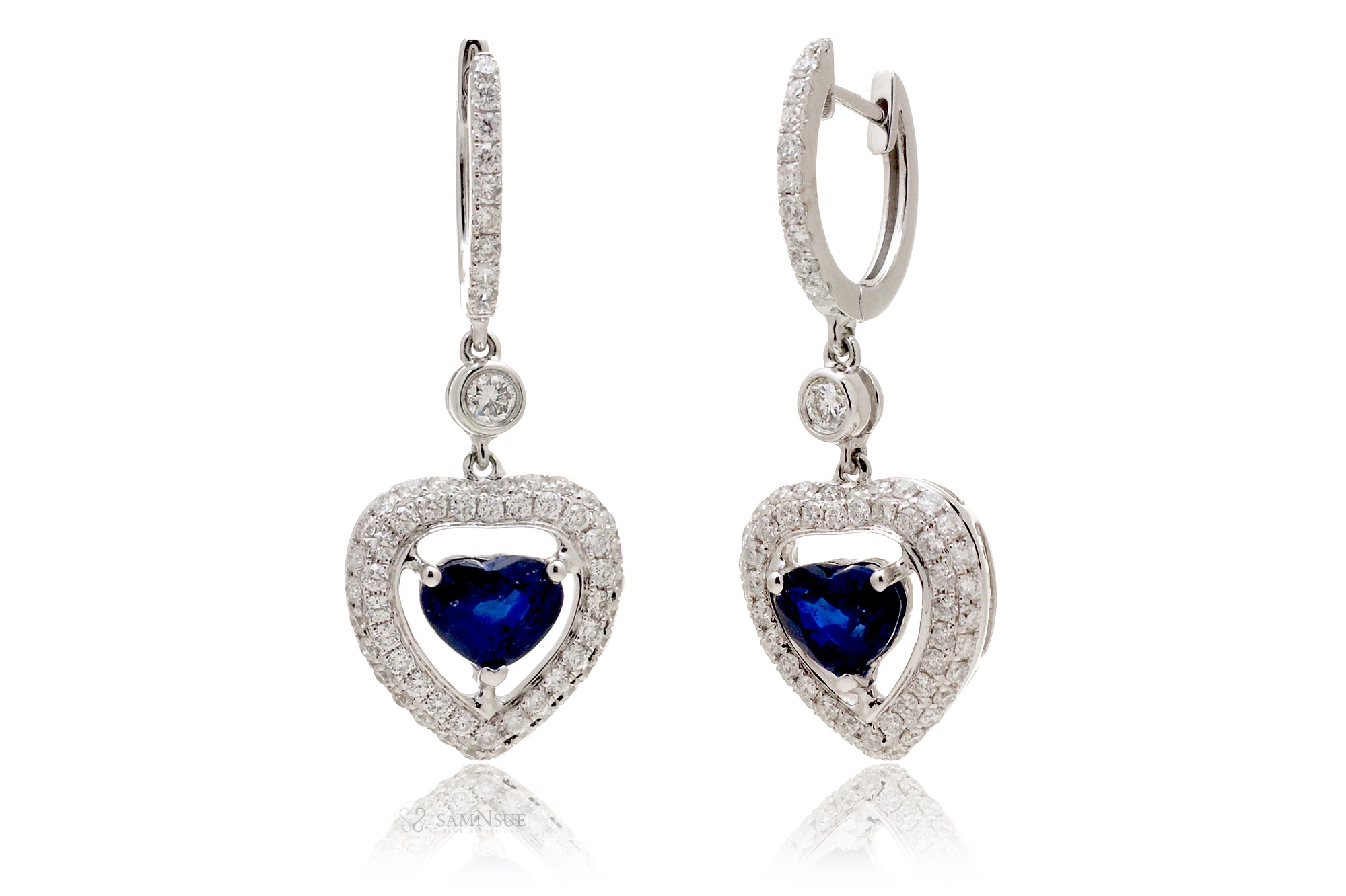 Blue Heart Sapphire Dangle Earrings White Gold