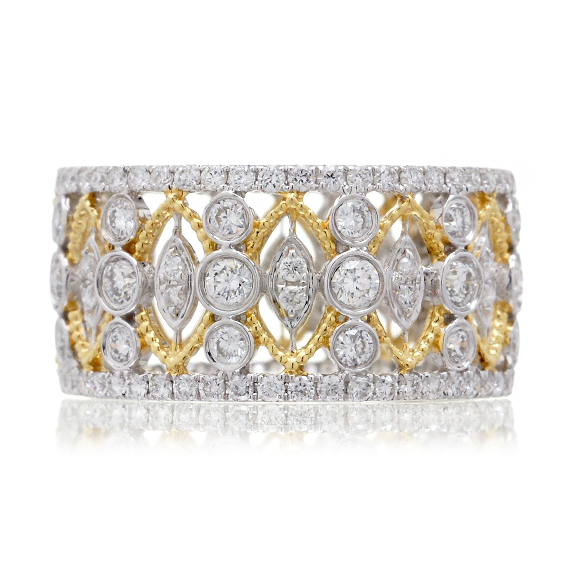 Vintage eternity style diamond two tone band with white gold and yellow gold