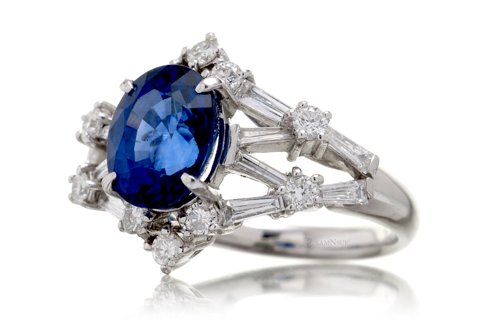 Unique Sapphire Engagement Ring Oval and Baguette Retro Design