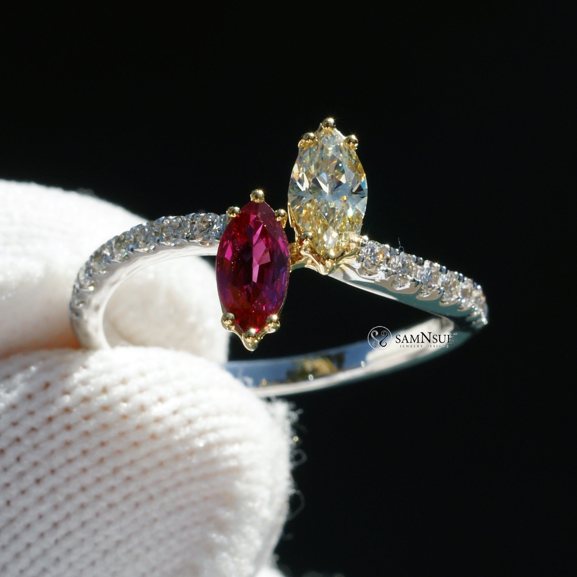 Toi et moi marquise diamond and ruby wave ring in white gold