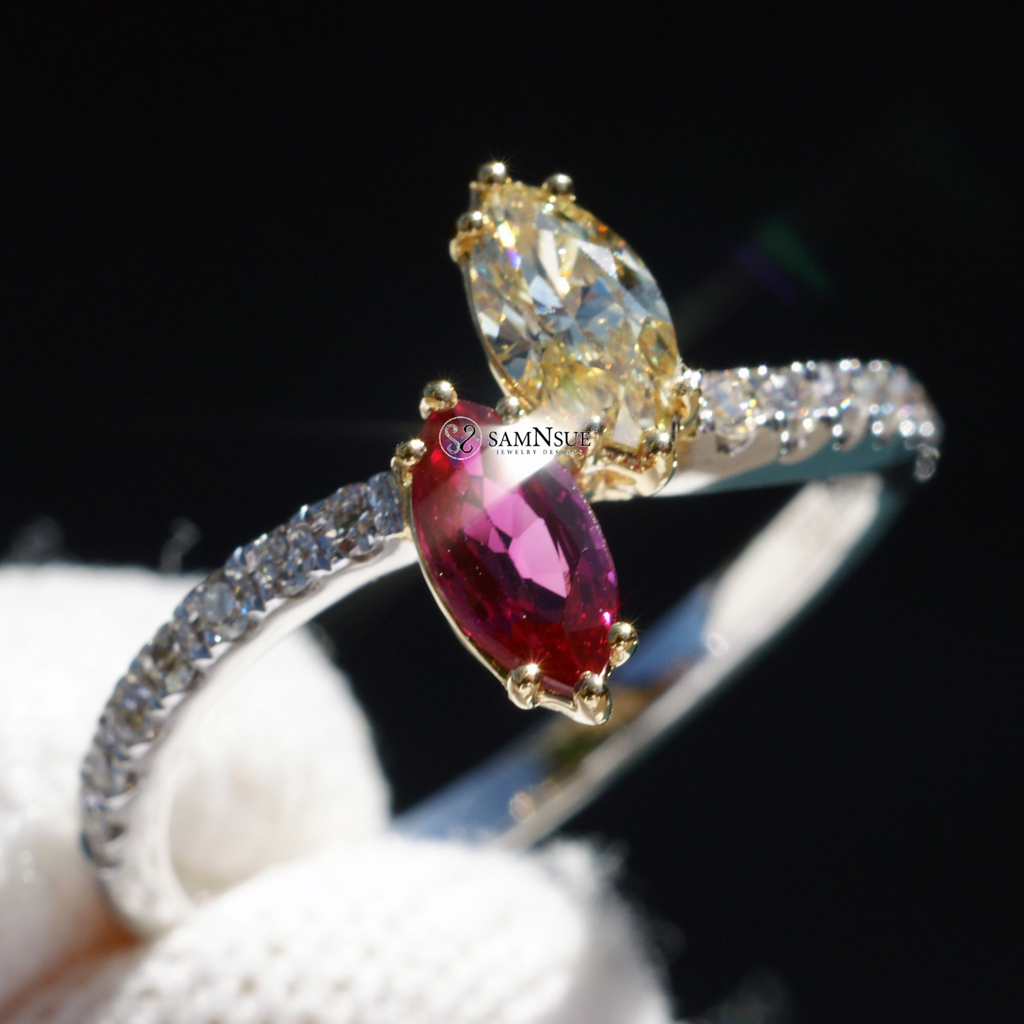Toi et moi marquise diamond and ruby wave ring in white gold